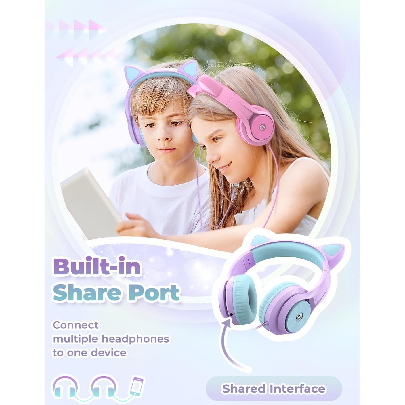 Auriculares iClever para Niños Meow Lila con Luz LED y Volumen Seguro