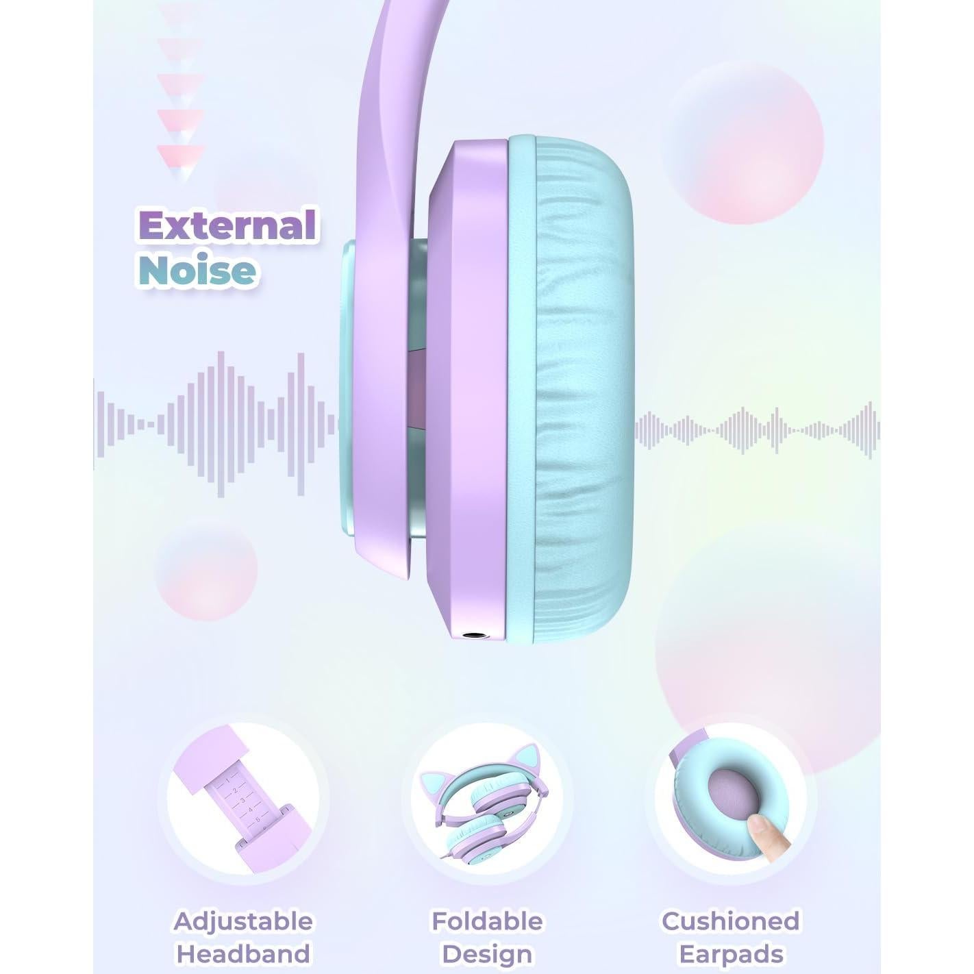 Auriculares iClever para Niños Meow Lila con Luz LED y Volumen Seguro