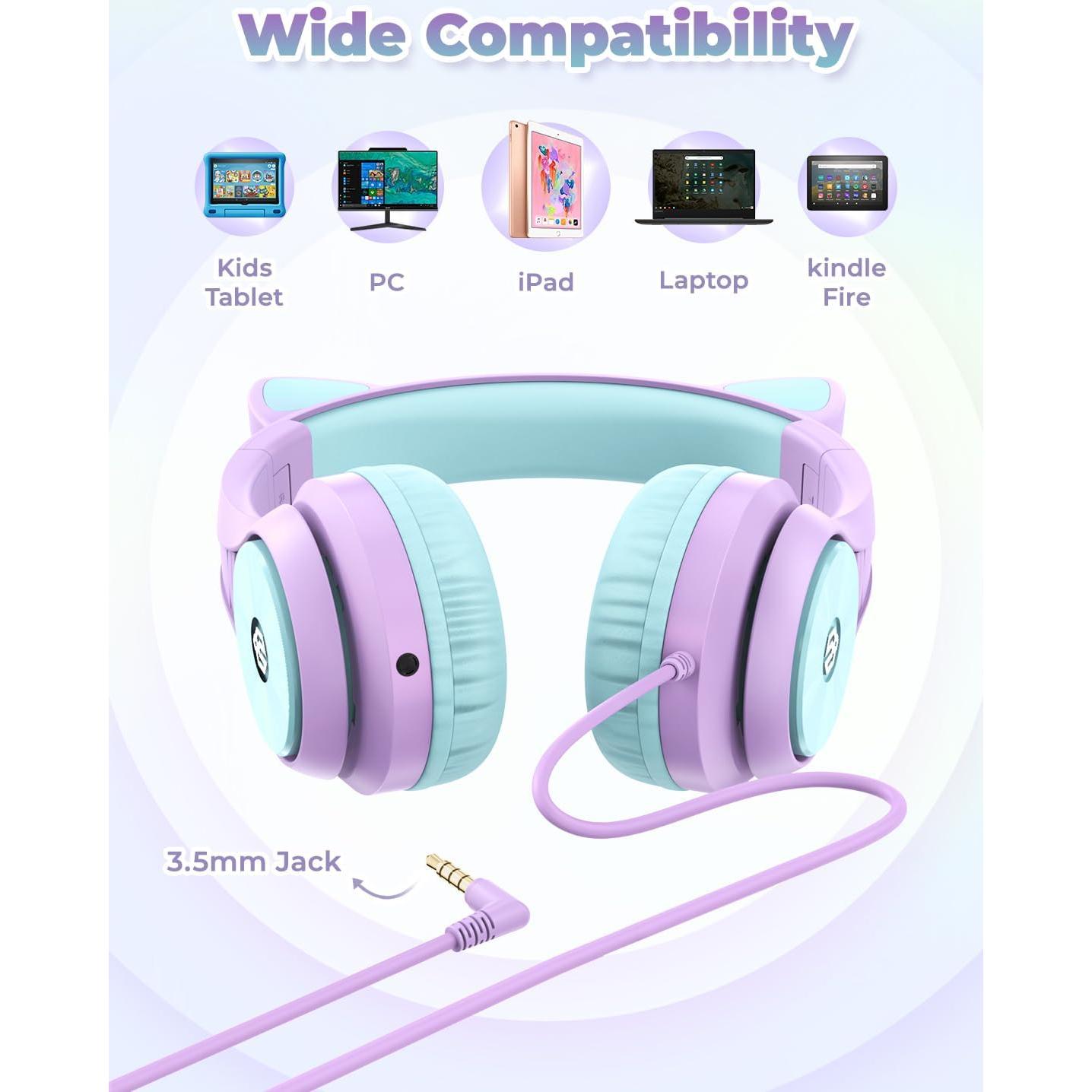 Auriculares iClever para Niños Meow Lila con Luz LED y Volumen Seguro