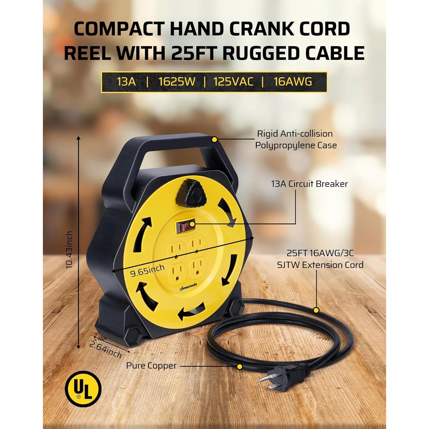 Carrete de Cable de Extensión DEWENWILS 25 PIES 16/3 4 Salidas