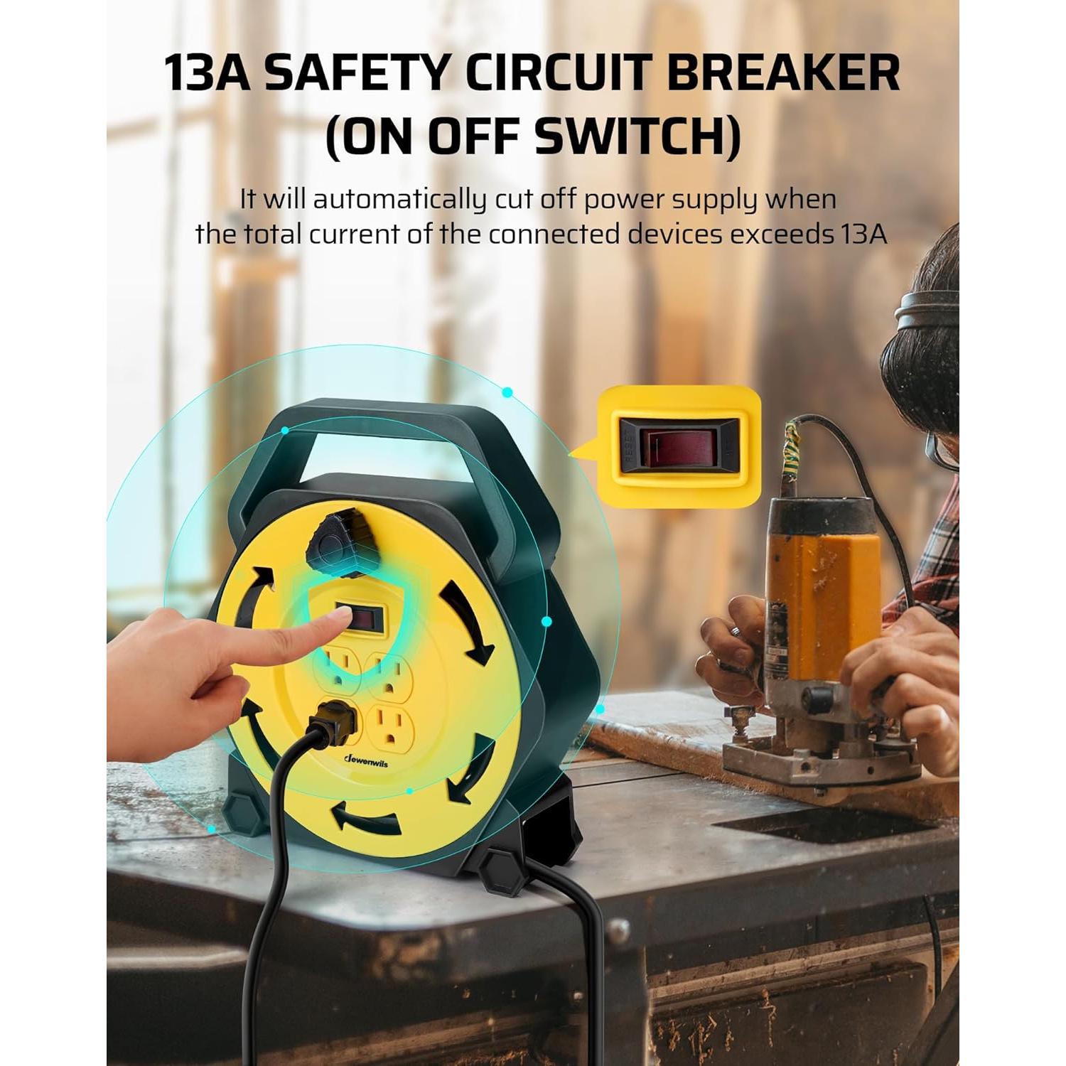 Carrete de Cable de Extensión DEWENWILS 25 PIES 16/3 4 Salidas