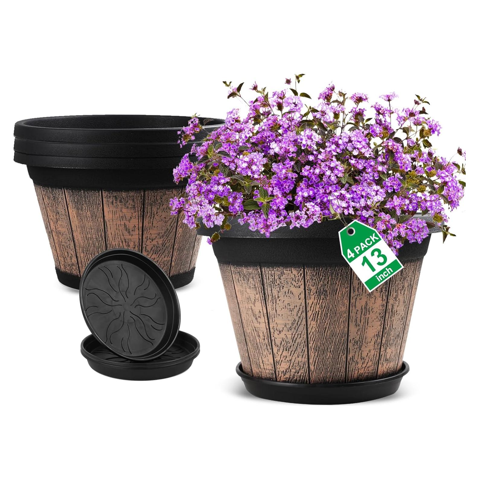 Juego de 4 Macetas Grandes Quarut 33 cm con Plato Drenaje Marrón