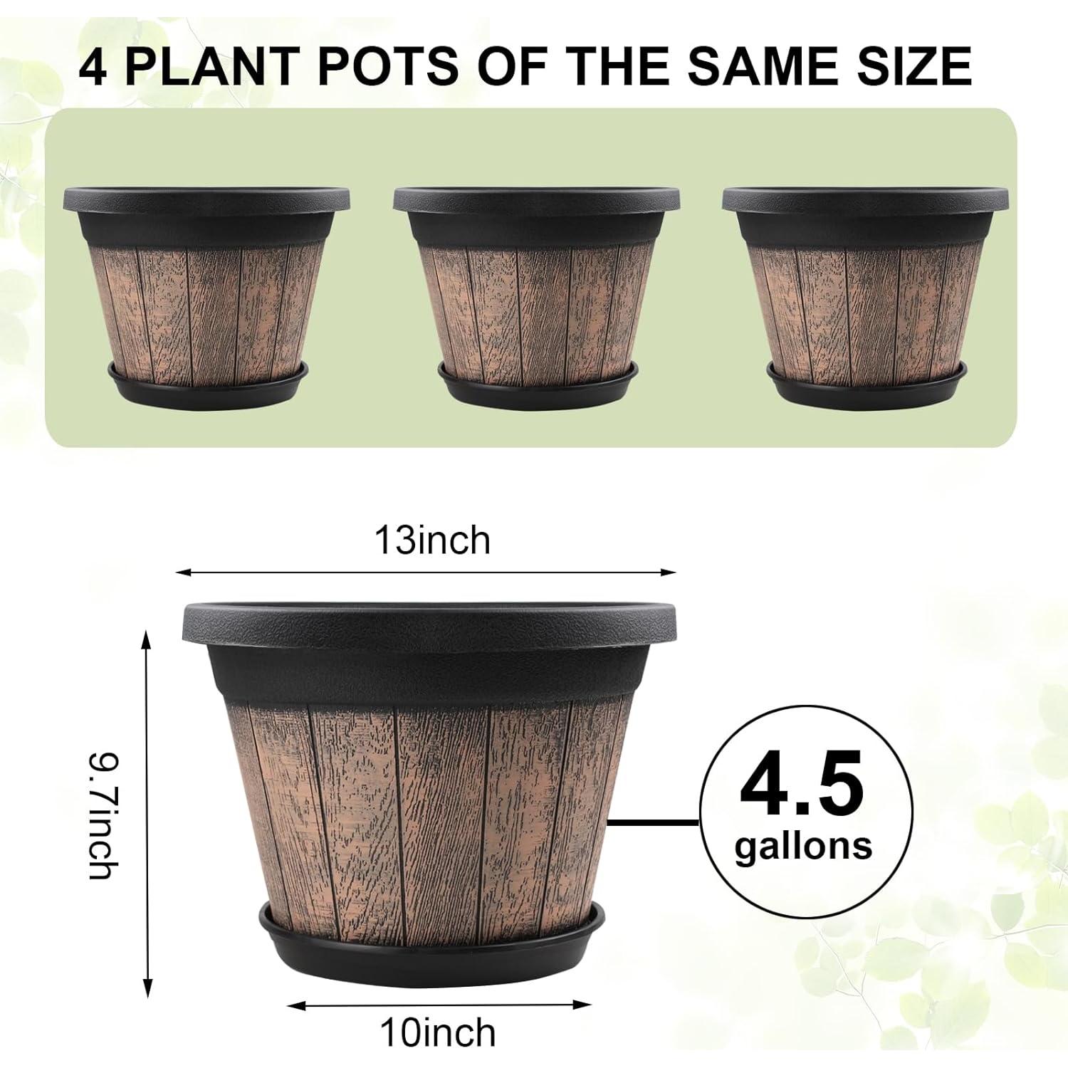 Juego de 4 Macetas Grandes Quarut 33 cm con Plato Drenaje Marrón