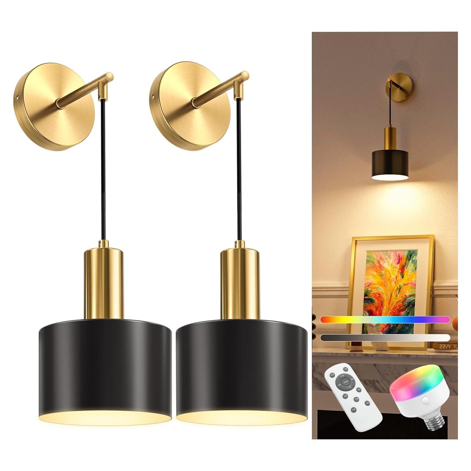 Conjunto 2 Apliques de Pared Inalámbricos NIORSUN Dorado y Negro