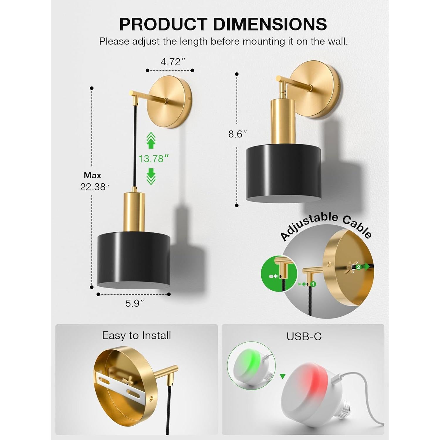 Conjunto 2 Apliques de Pared Inalámbricos NIORSUN Dorado y Negro