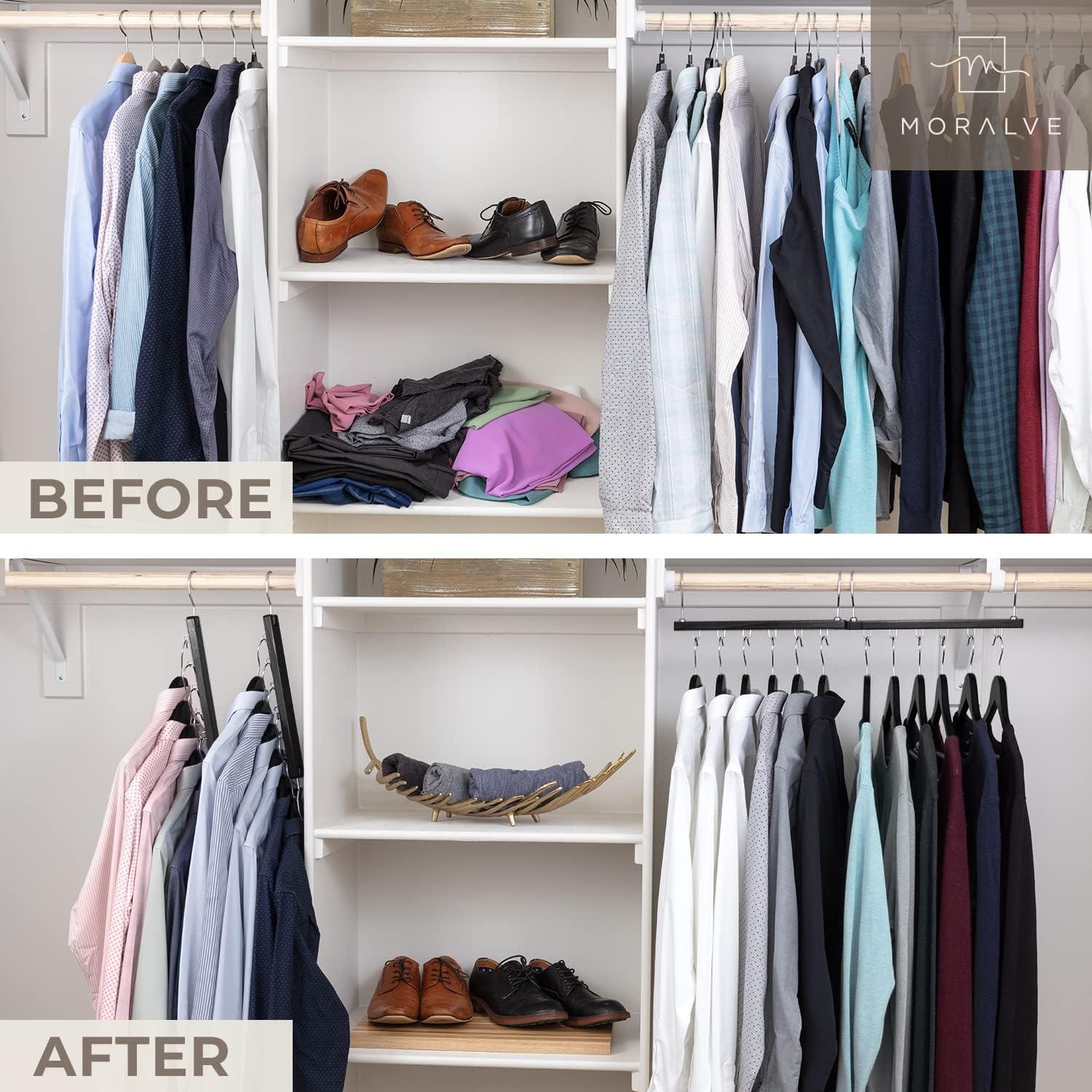 Perchas Ahorradoras de Espacio MORALVE - Paquete de 4 de Madera de Haya