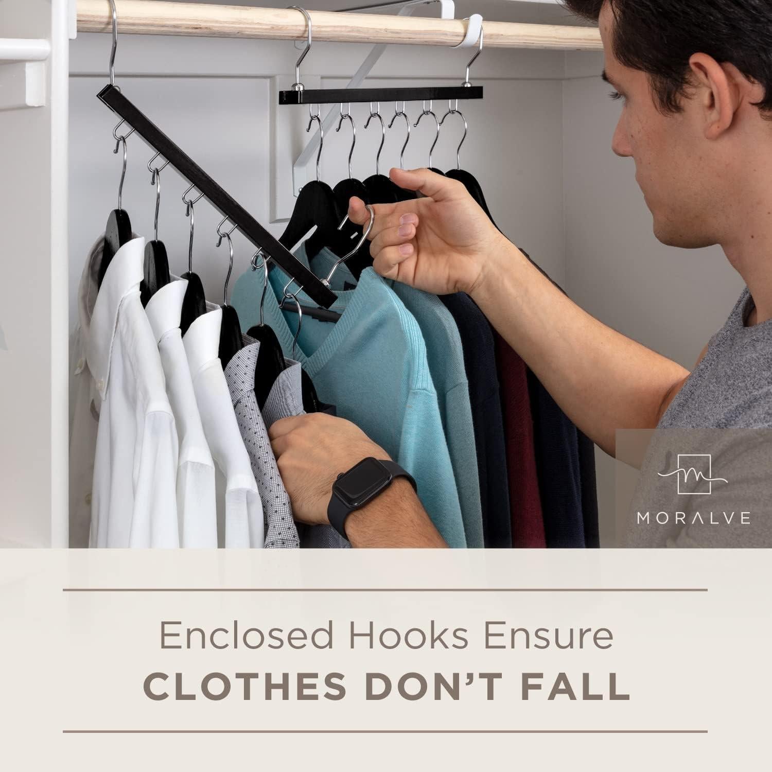 Perchas Ahorradoras de Espacio MORALVE - Paquete de 4 de Madera de Haya