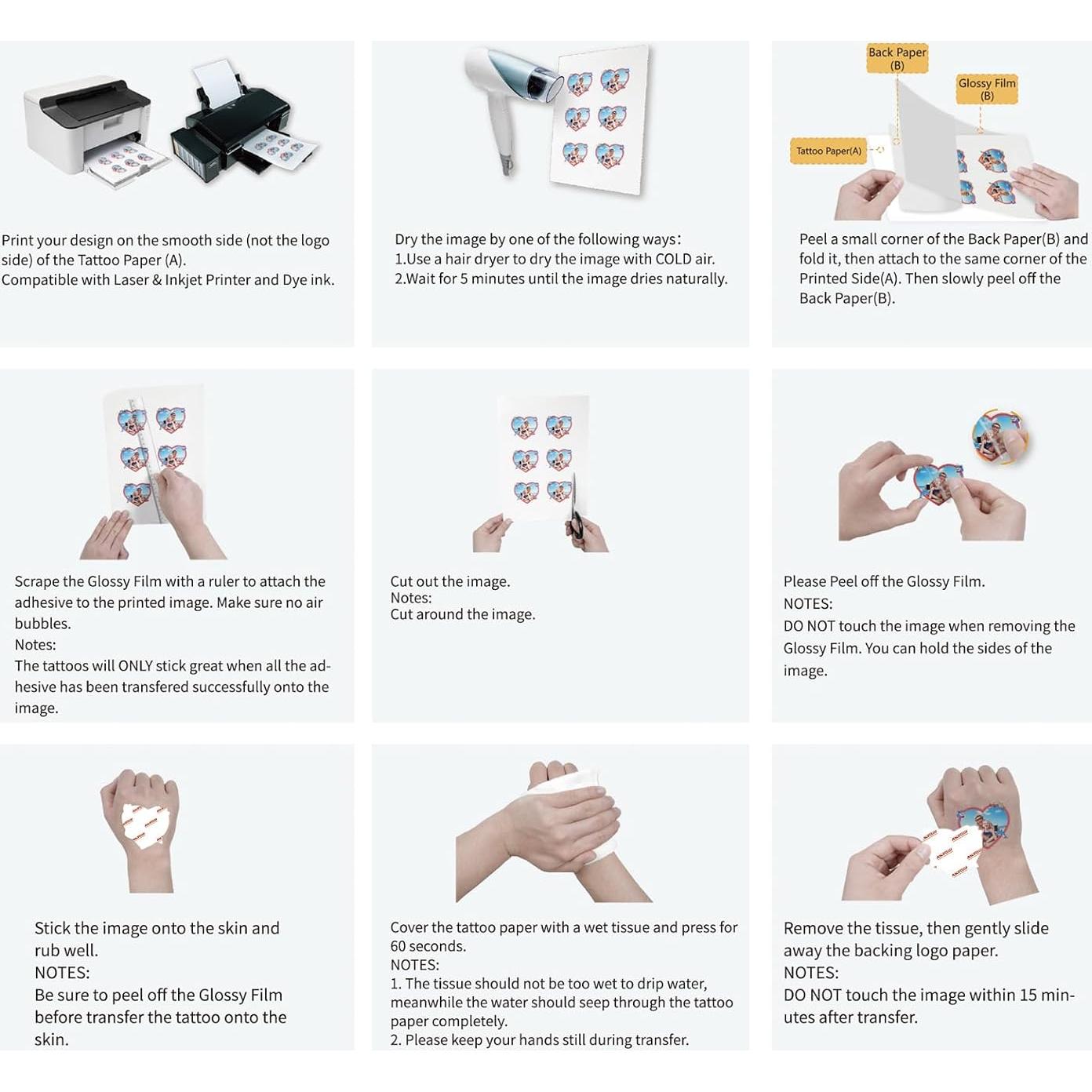 Papel de Tatuaje Temporal A4 AYSOW - 5 Hojas Impermeables