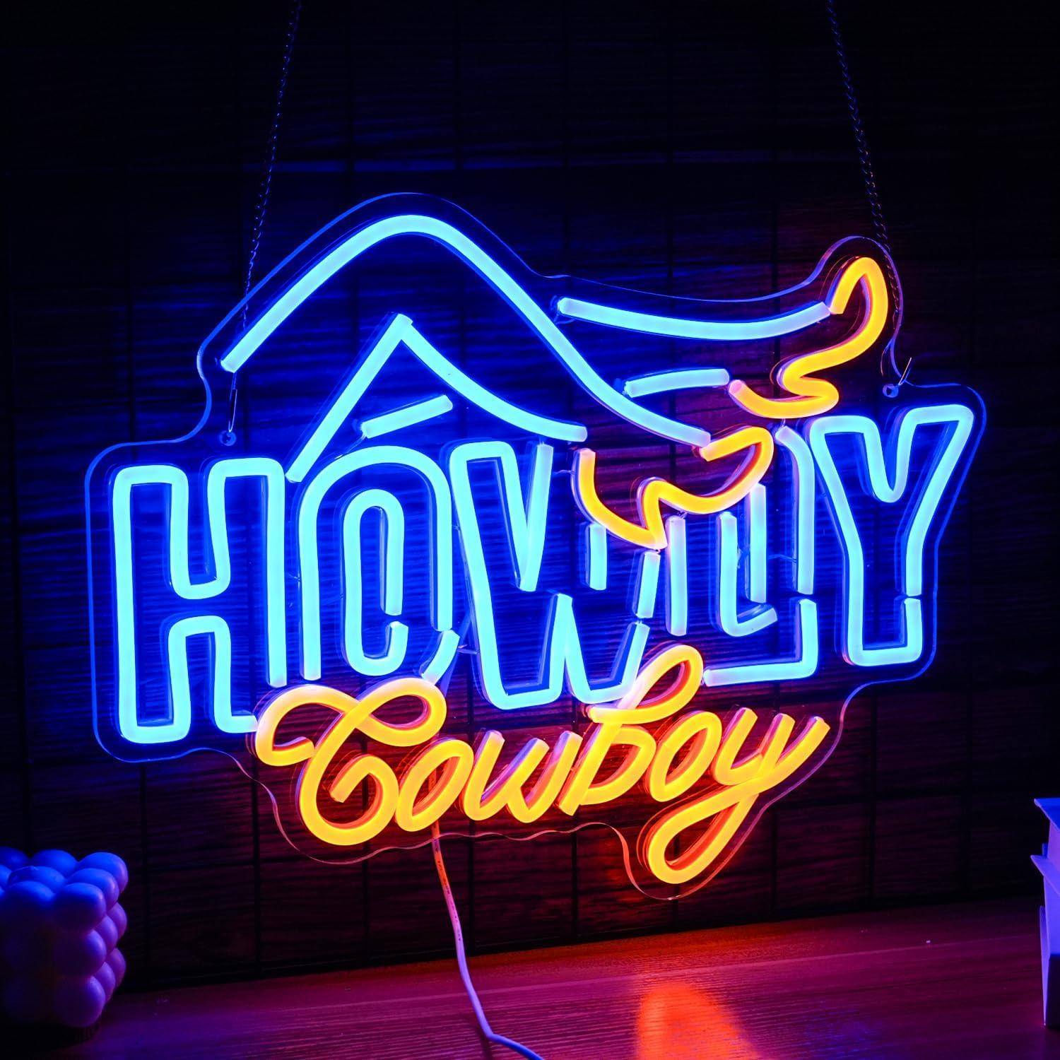 Cartel de Neón Howdy Cowboy LED 42x32 cm Azul Amarillo