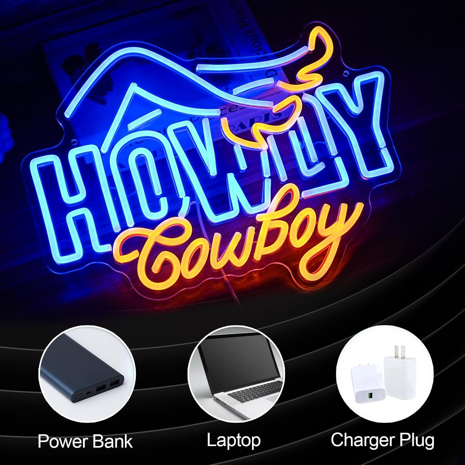 Cartel de Neón Howdy Cowboy LED 42x32 cm Azul Amarillo