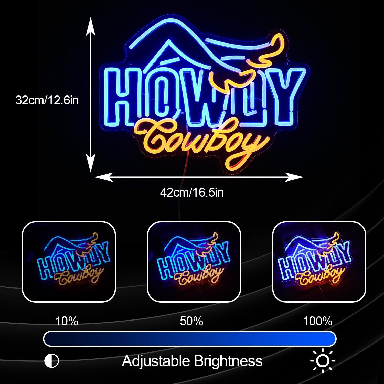 Cartel de Neón Howdy Cowboy LED 42x32 cm Azul Amarillo