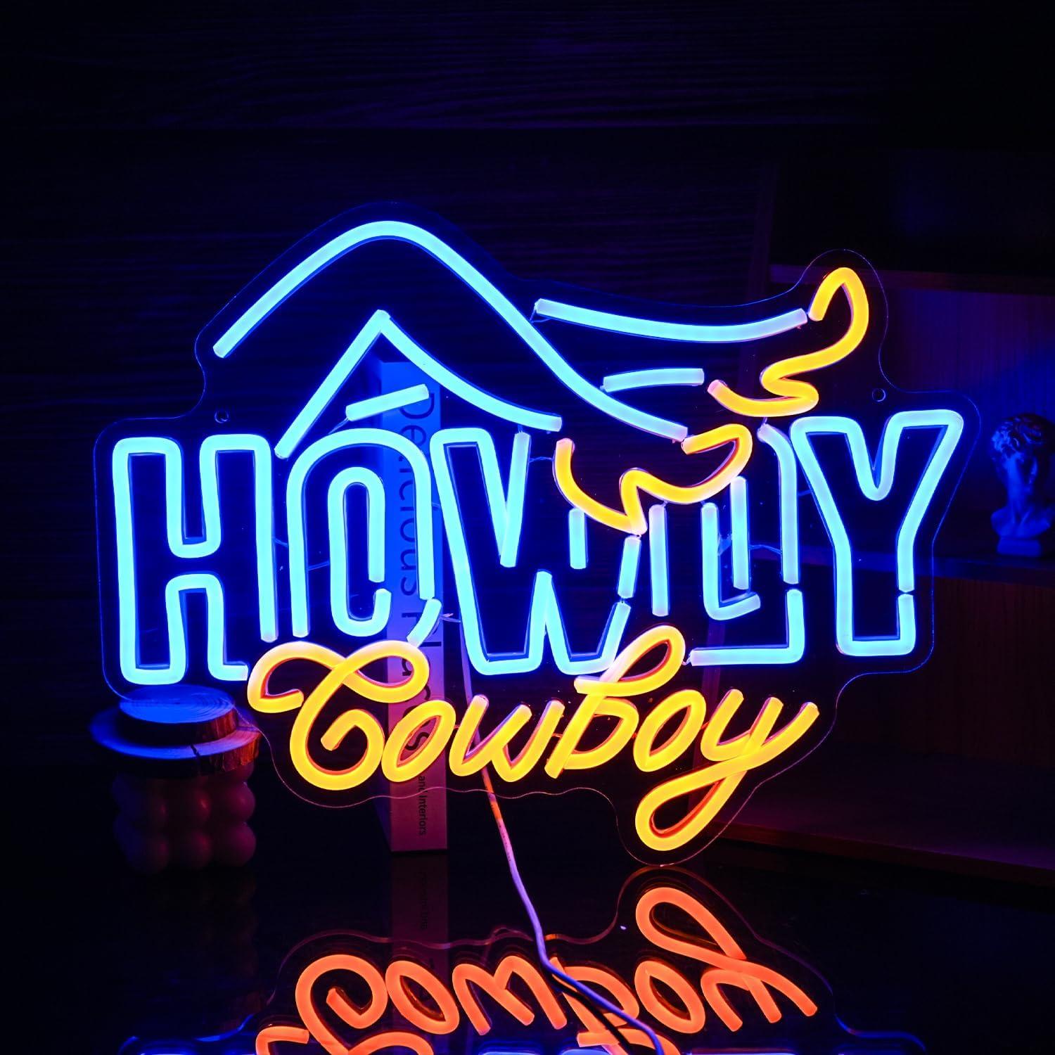 Cartel de Neón Howdy Cowboy LED 42x32 cm Azul Amarillo