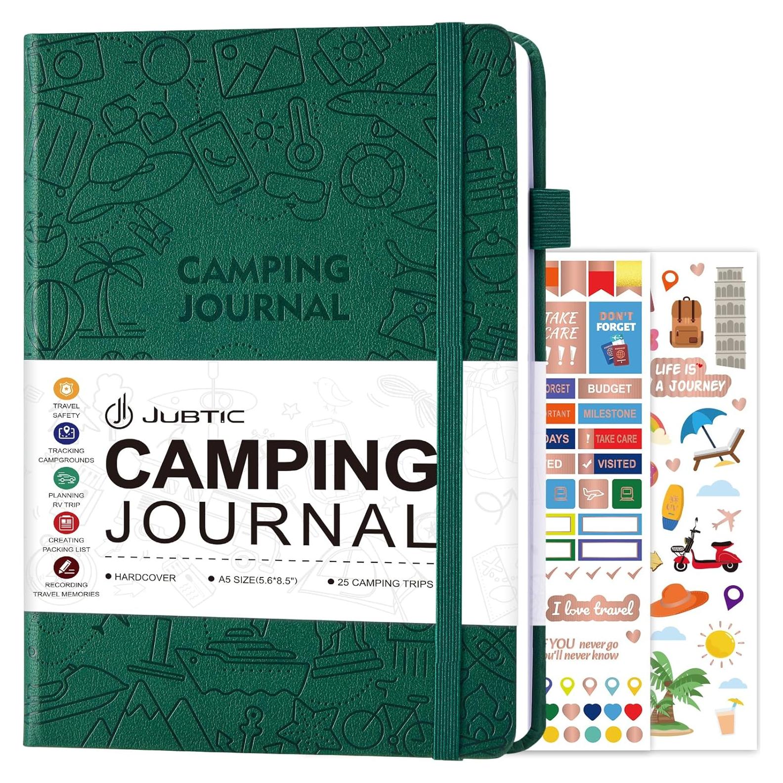 JUBTIC Camping Journal and RV Travel Log Book, A5 Adventure Journal for 25 Camping, Hiking Journal, Family Travel Books Camper Essentials Camping Gifts for Women-Dark Green