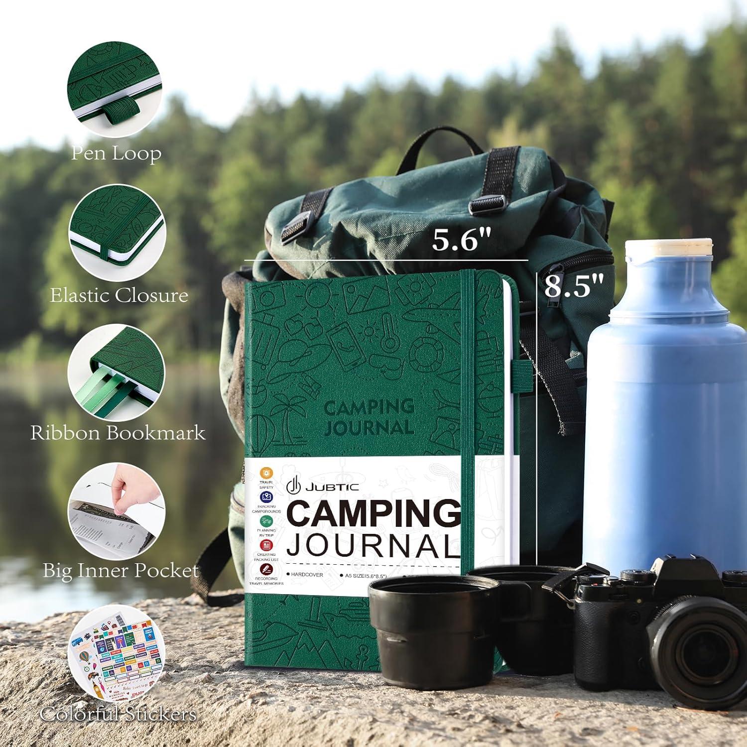 JUBTIC Camping Journal and RV Travel Log Book, A5 Adventure Journal for 25 Camping, Hiking Journal, Family Travel Books Camper Essentials Camping Gifts for Women-Dark Green