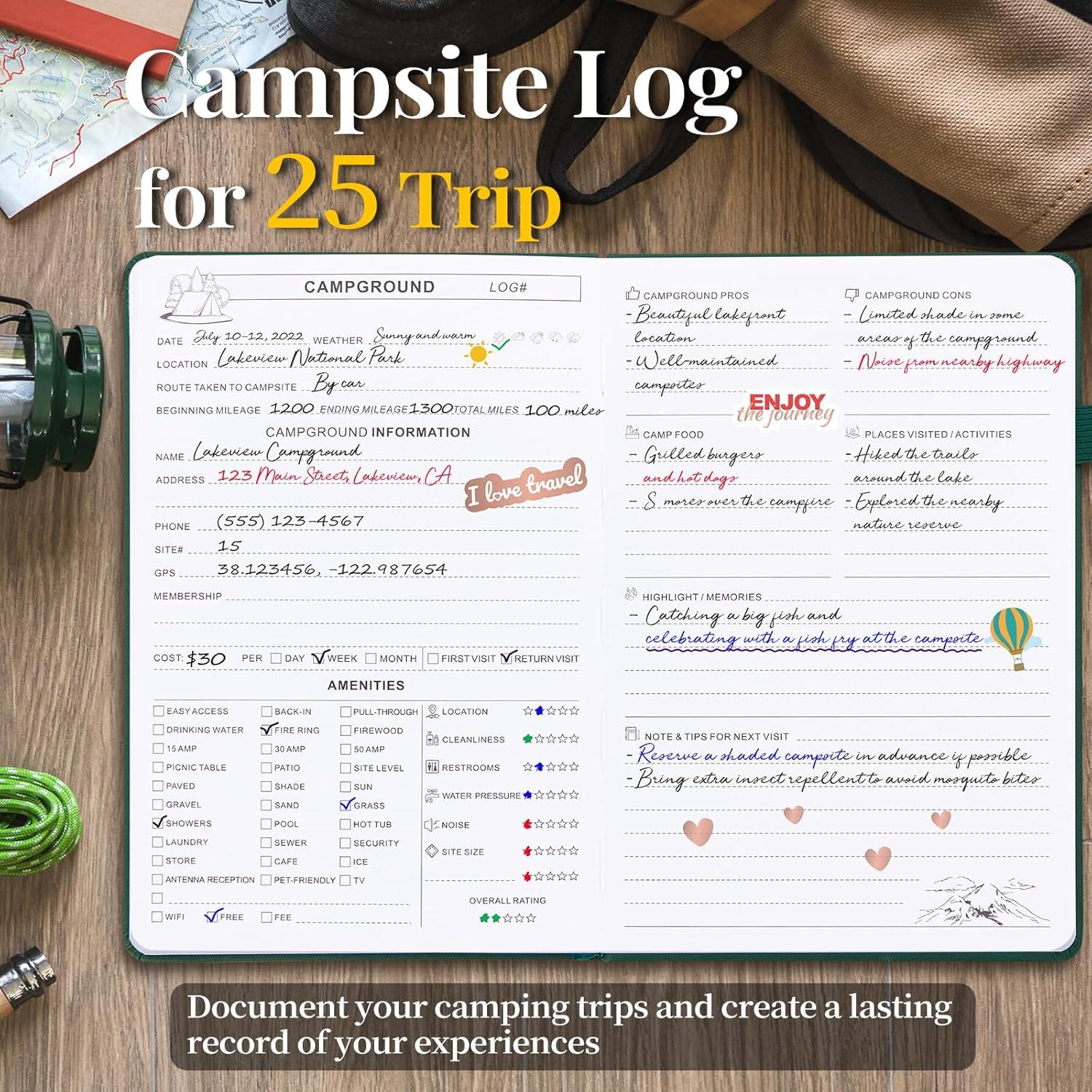 JUBTIC Camping Journal and RV Travel Log Book, A5 Adventure Journal for 25 Camping, Hiking Journal, Family Travel Books Camper Essentials Camping Gifts for Women-Dark Green