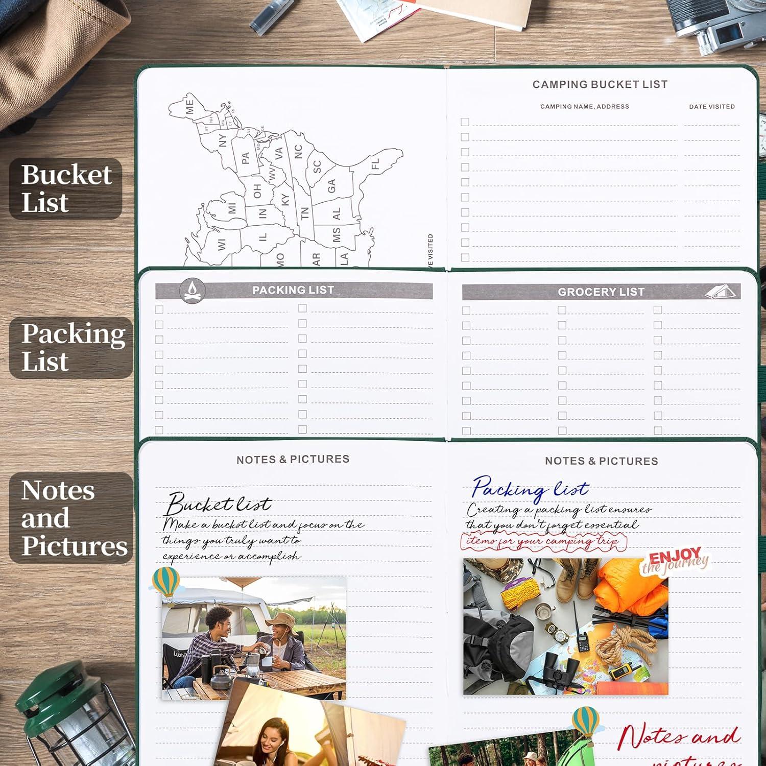 JUBTIC Camping Journal and RV Travel Log Book, A5 Adventure Journal for 25 Camping, Hiking Journal, Family Travel Books Camper Essentials Camping Gifts for Women-Dark Green