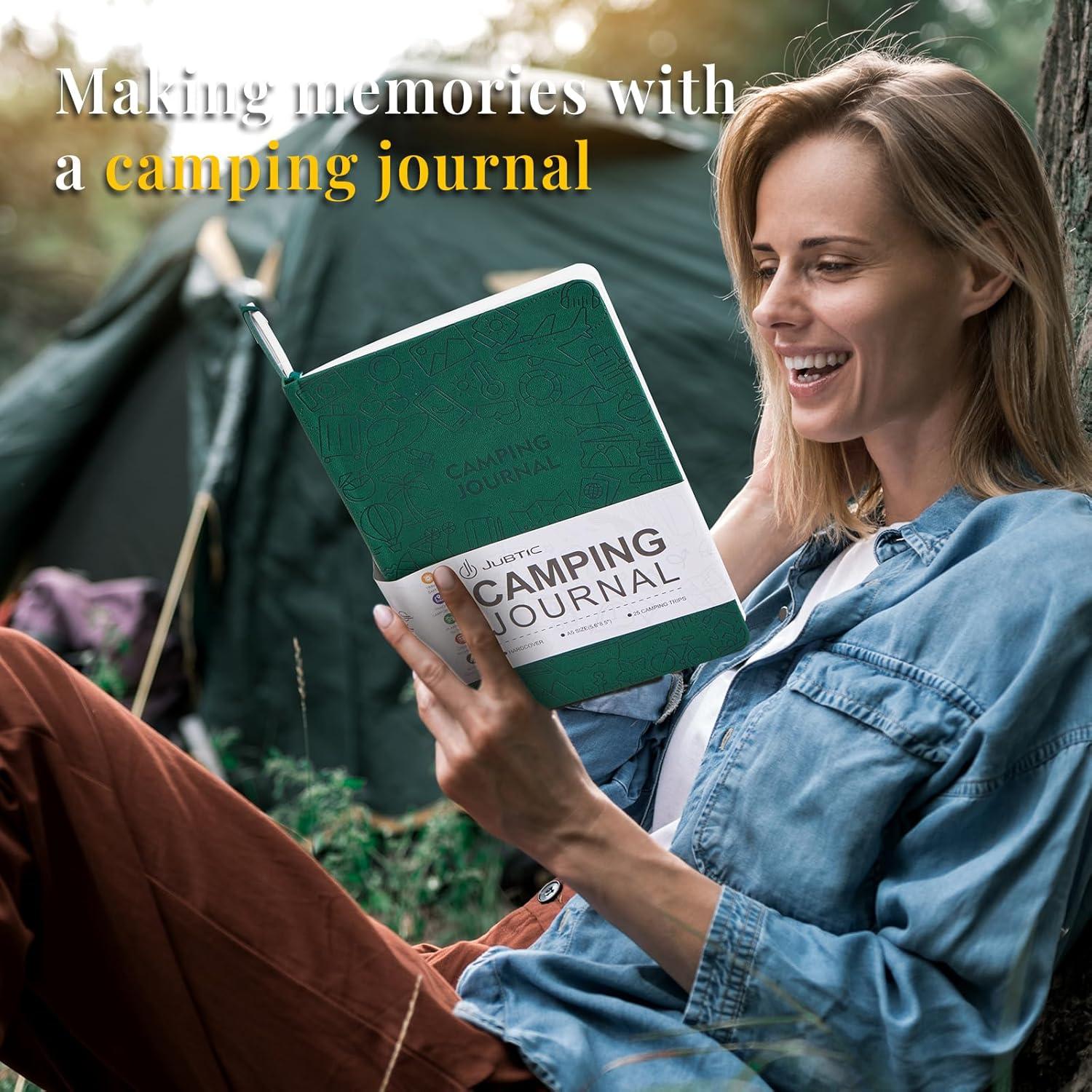 JUBTIC Camping Journal and RV Travel Log Book, A5 Adventure Journal for 25 Camping, Hiking Journal, Family Travel Books Camper Essentials Camping Gifts for Women-Dark Green