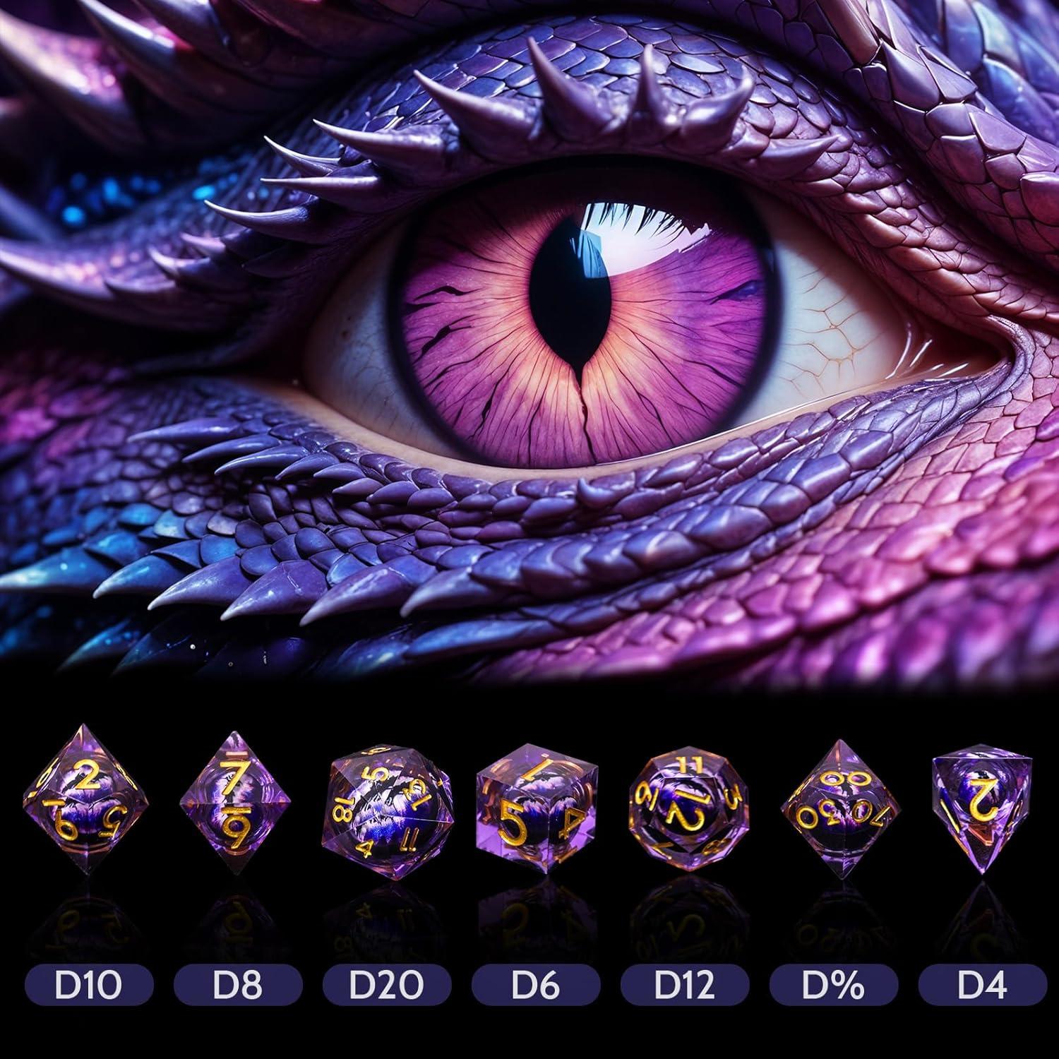 Juego de Dados DND Resina Ojo de Dragón 7 Piezas Púrpura