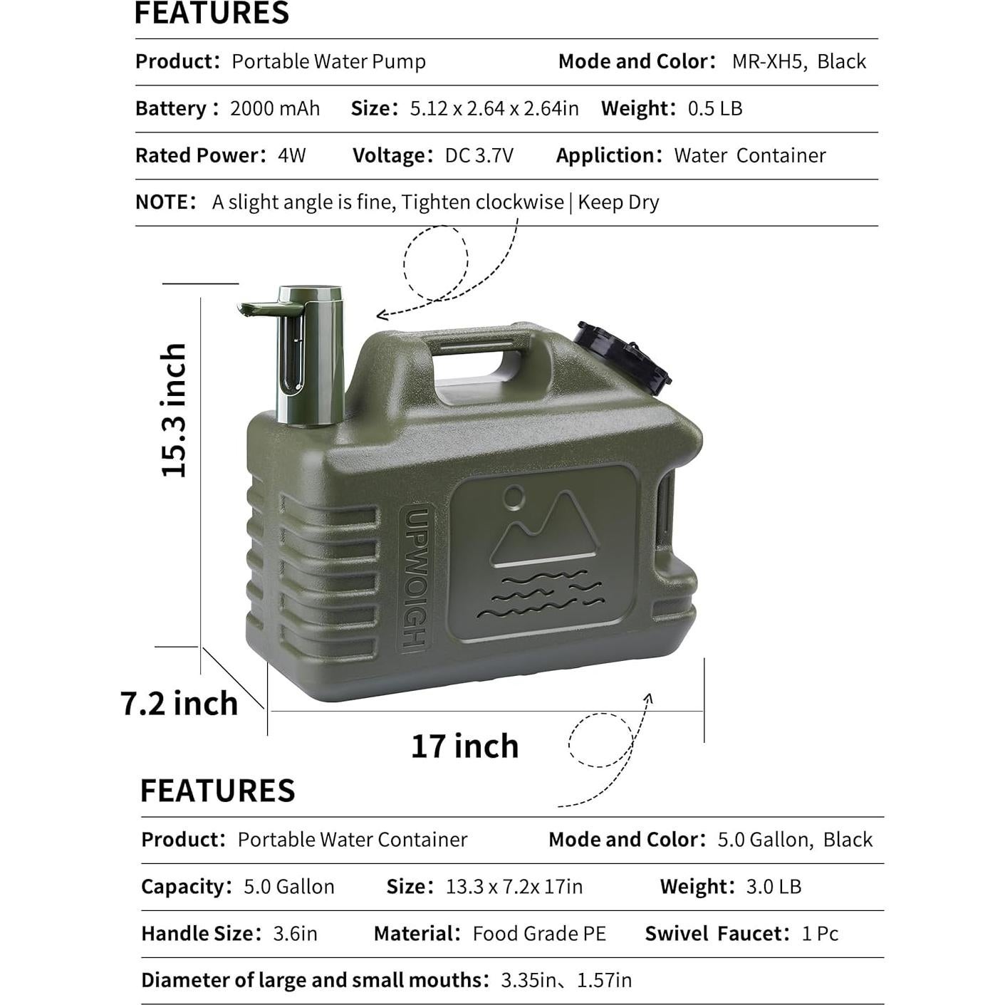 Jarra de Agua Portátil UPWOIGH 19L con Bomba Táctil Verde Militar