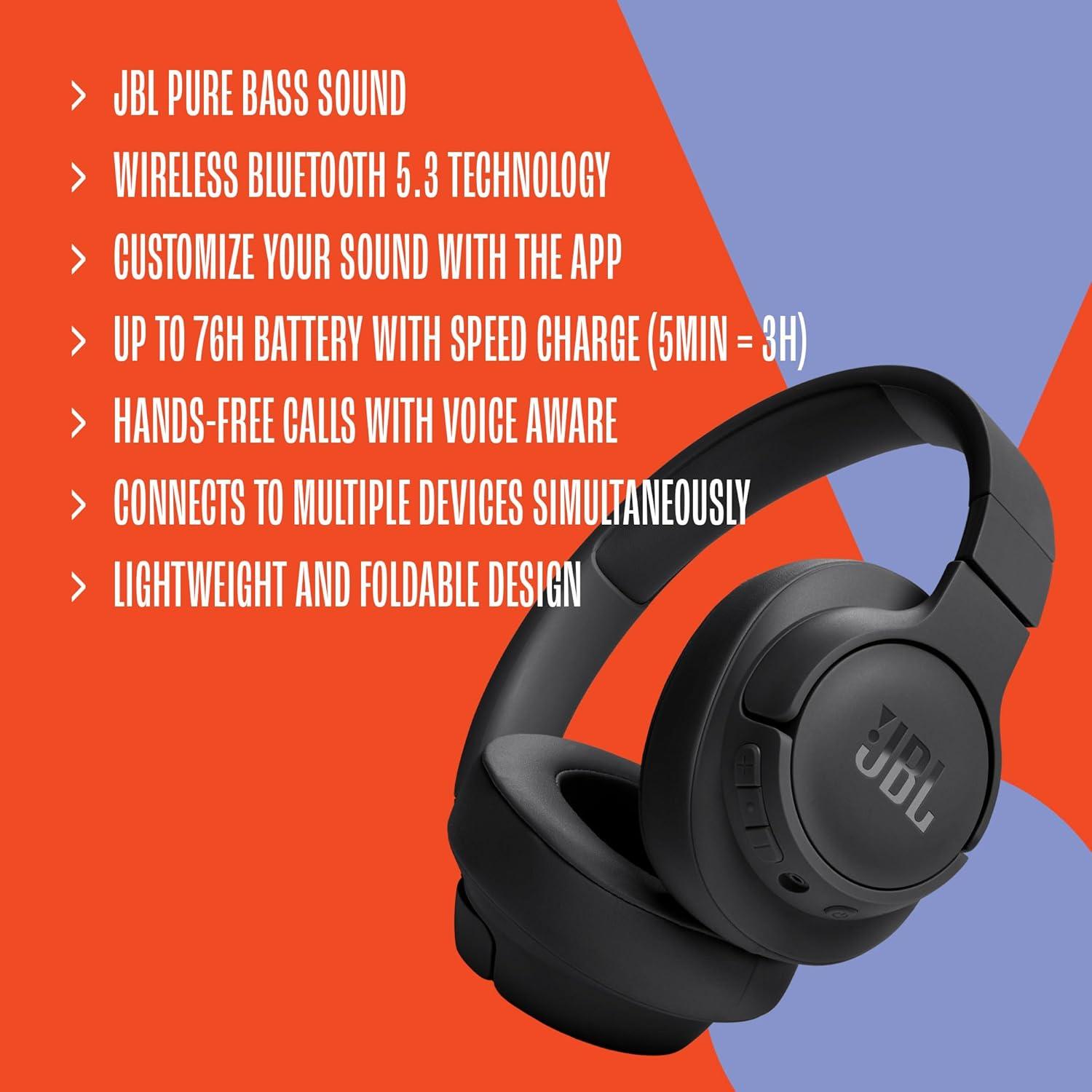 JBL Tune 720BT - Wireless Over-Ear Headphones with JBL Pure Bass Sound, Bluetooth 5.3, Up to 76H Battery Life and Speed Charge, Lightweight, Comfortable and Foldable Design (Black) (Renewed)