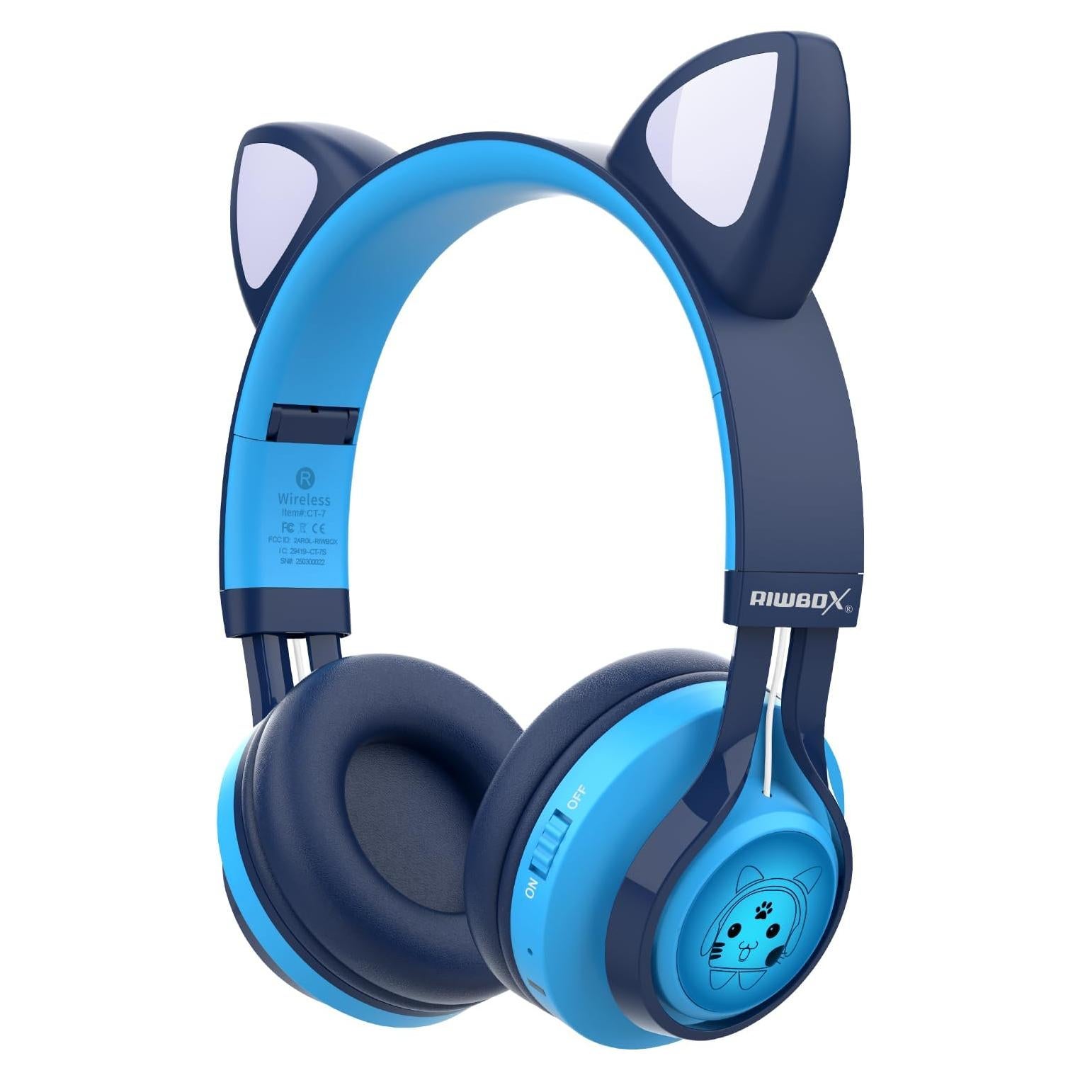 Riwbox CT-7 Cat Ear Bluetooth Headphones, LED Light Up Bluetooth Wireless Over Ear Headphones with Microphone and Volume Control for Travel/School/Smartphones/Laptop/PC/TV (Blue)