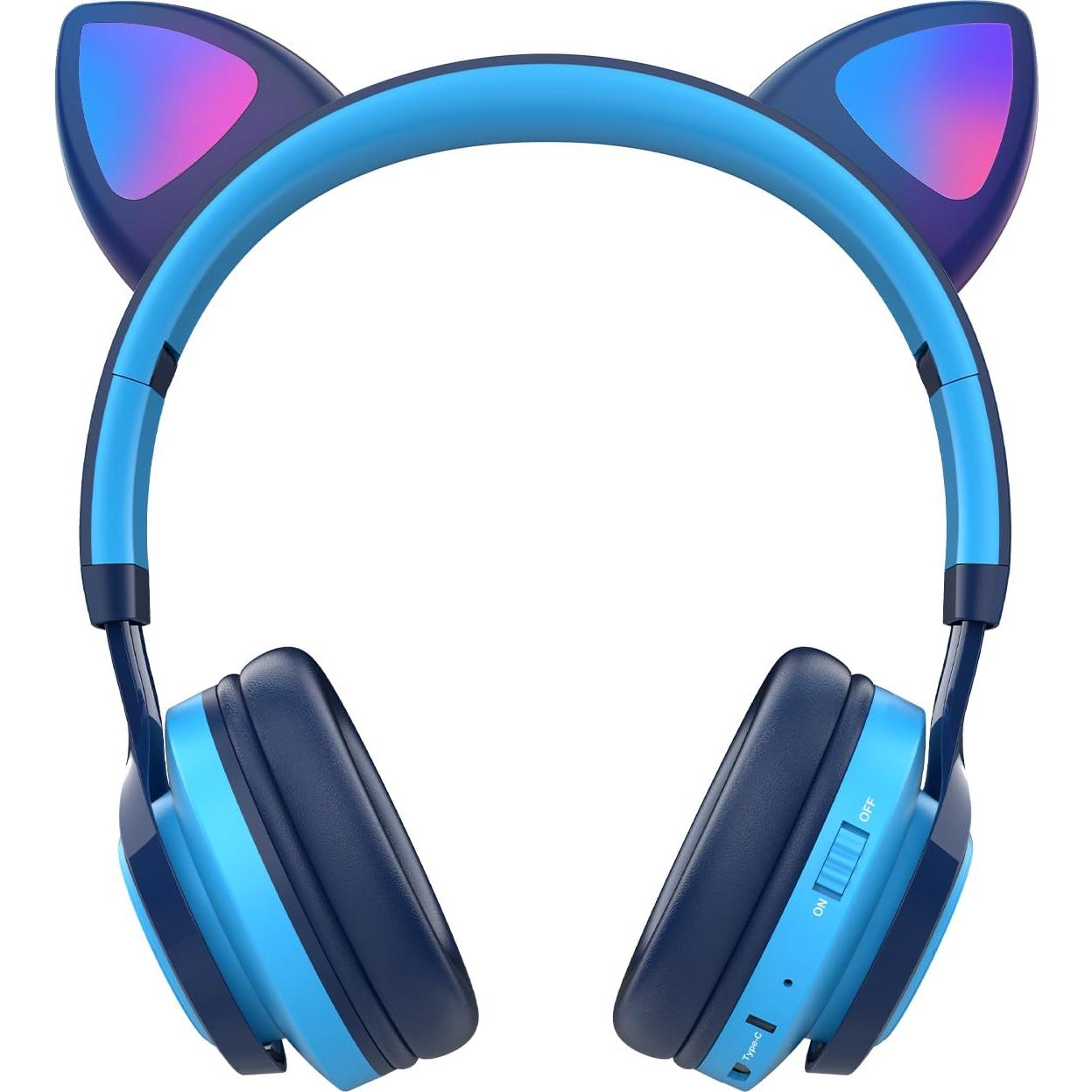 Riwbox CT-7 Cat Ear Bluetooth Headphones, LED Light Up Bluetooth Wireless Over Ear Headphones with Microphone and Volume Control for Travel/School/Smartphones/Laptop/PC/TV (Blue)