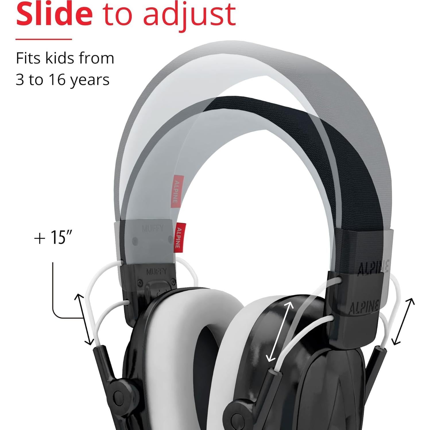 Alpine Muffy Kids - Hearing Protection - CE & ANSI Certified - Adjustable for Ages 3-16 years - Noise Cancelling Headphones - 25dB Sound Reduction Ideal for Protection and Concentration Aid – Black