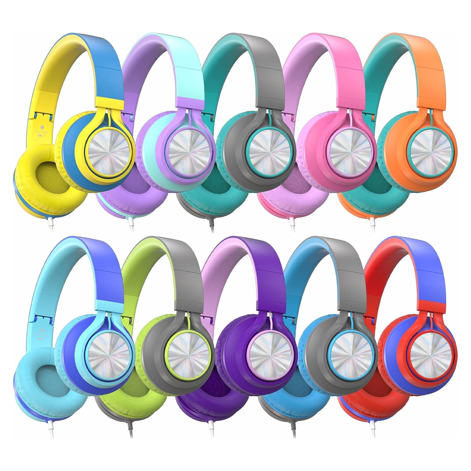 AILIHEN Classroom Headphones Bulk 10 Pack with Microphone - C8 On-Ear Wired Kids Headphones for School with 3.5mm Jack for Library Home Online Learning (Multicolor)