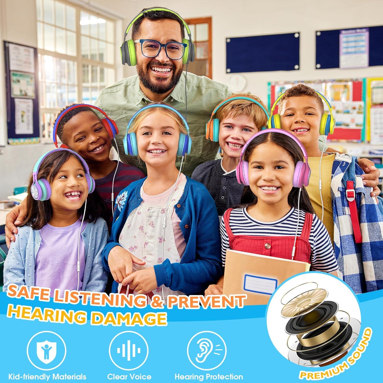 AILIHEN Classroom Headphones Bulk 10 Pack with Microphone - C8 On-Ear Wired Kids Headphones for School with 3.5mm Jack for Library Home Online Learning (Multicolor)