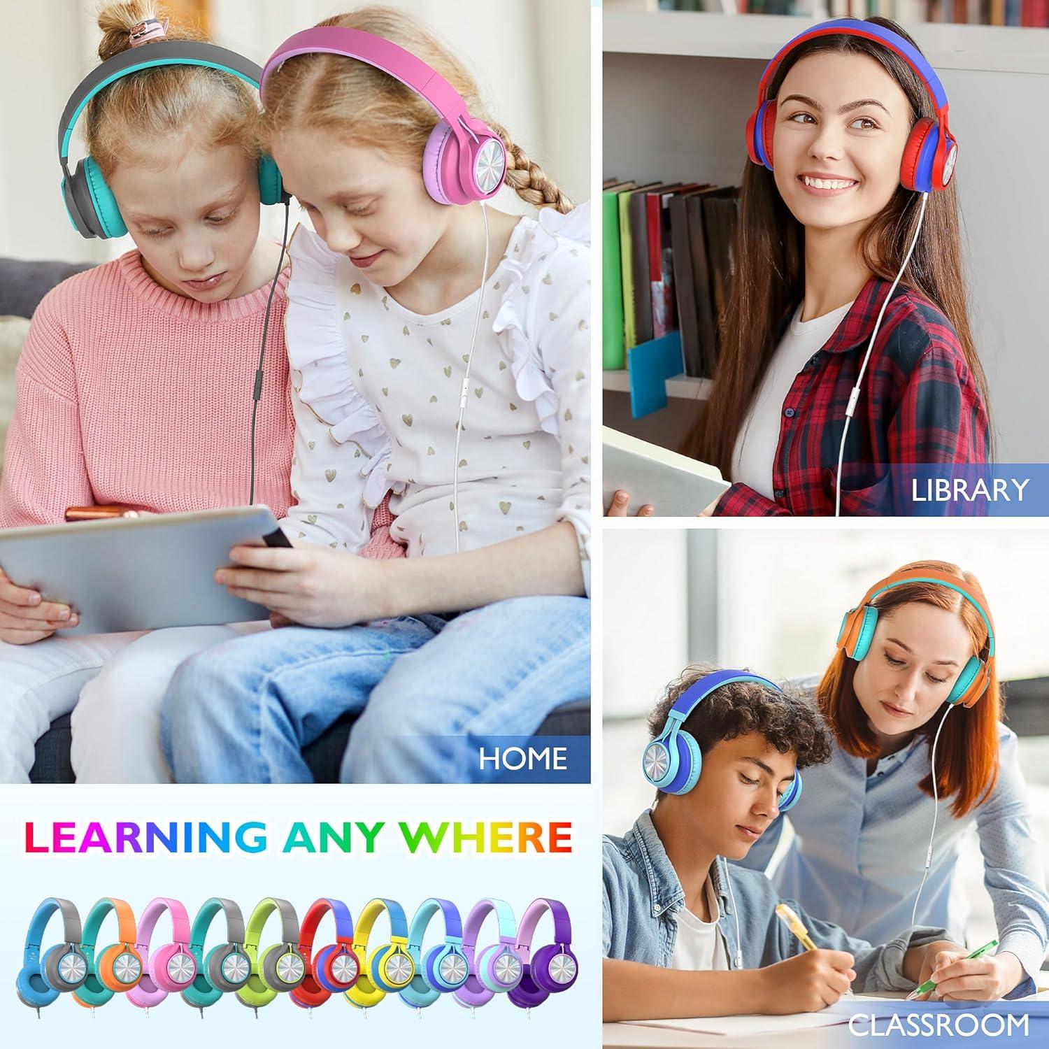 AILIHEN Classroom Headphones Bulk 10 Pack with Microphone - C8 On-Ear Wired Kids Headphones for School with 3.5mm Jack for Library Home Online Learning (Multicolor)