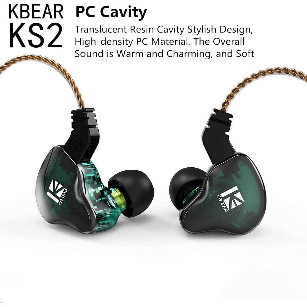 KBEAR KS2 in Ear Earphone, IEM 1BA 1DD Stereo in Ear Headphones,HiFi Over Ear Earbud Headset Noise Cancelling Hybrid Earphone with Removable Cable for Running Walking (No mic, KS2 Dark)