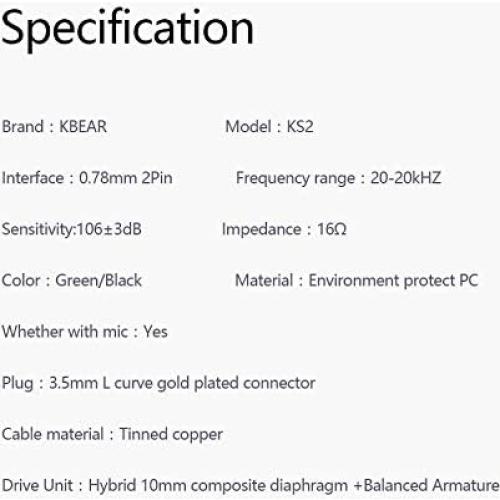 KBEAR KS2 in Ear Earphone, IEM 1BA 1DD Stereo in Ear Headphones,HiFi Over Ear Earbud Headset Noise Cancelling Hybrid Earphone with Removable Cable for Running Walking (No mic, KS2 Dark)