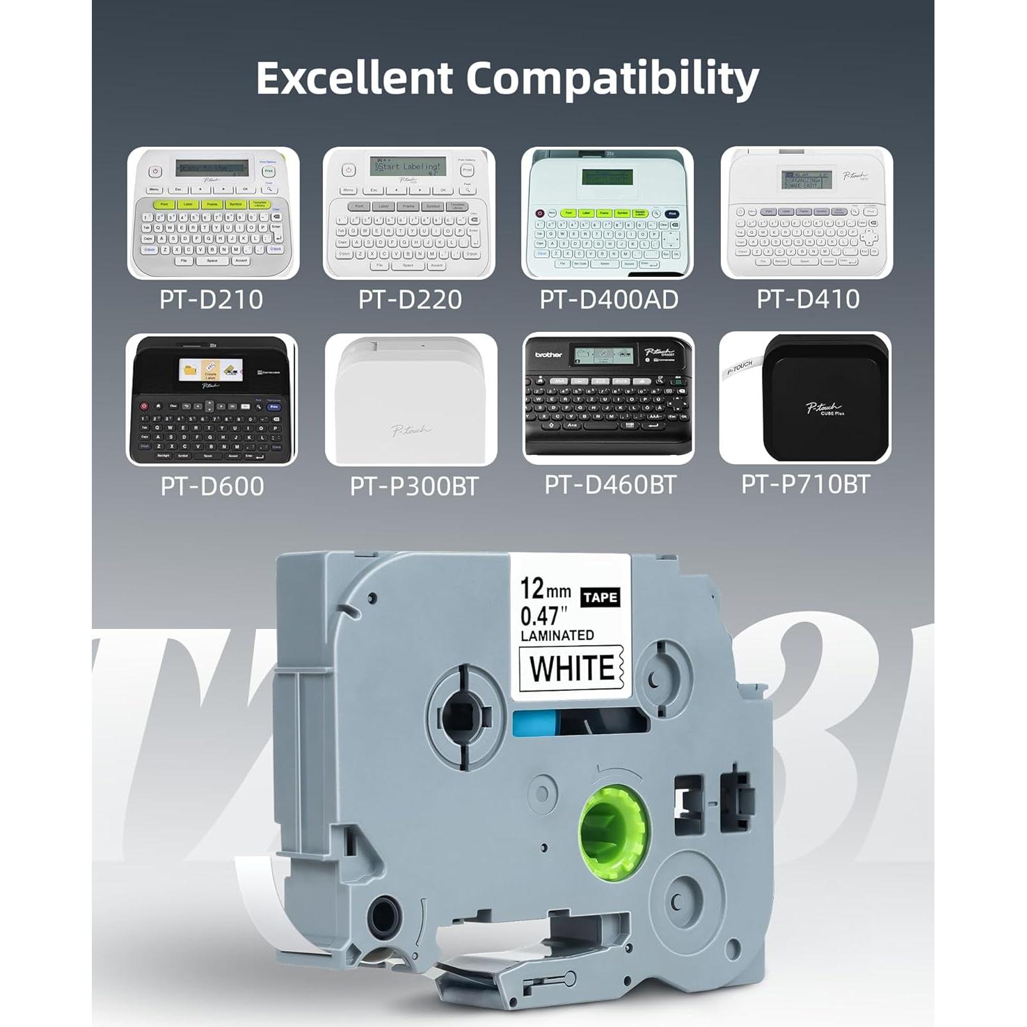 Cinta de Etiqueta Brother TZe 12mm Blanca - Paquete de 8