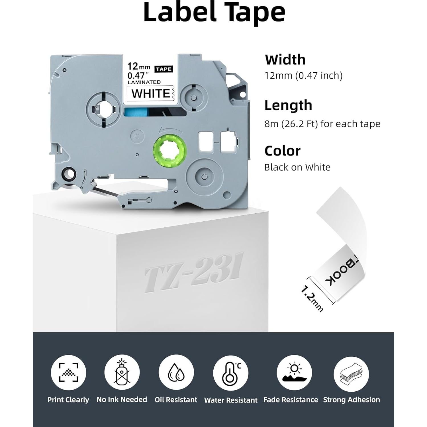 Cinta de Etiqueta Brother TZe 12mm Blanca - Paquete de 8