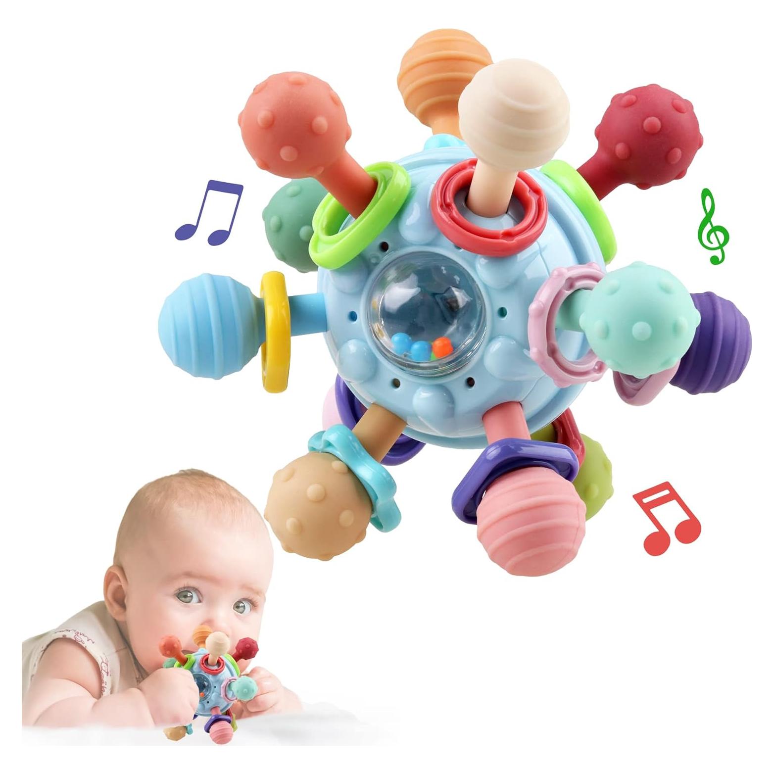 Mordedor y Sonajero Sensorial Bebés - Silicona Azul