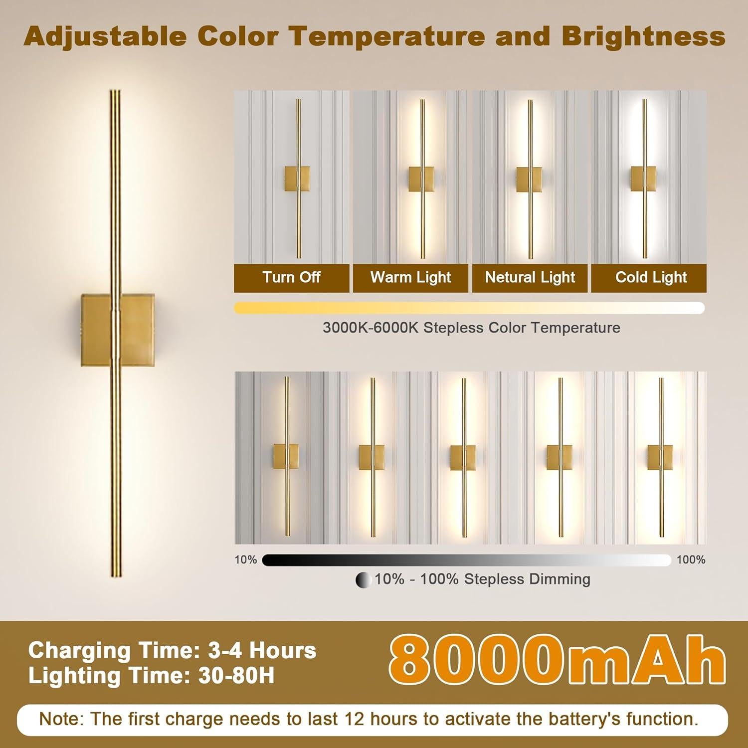 Lámpara de Pared LED Recargable Gift4U 80cm Dorado