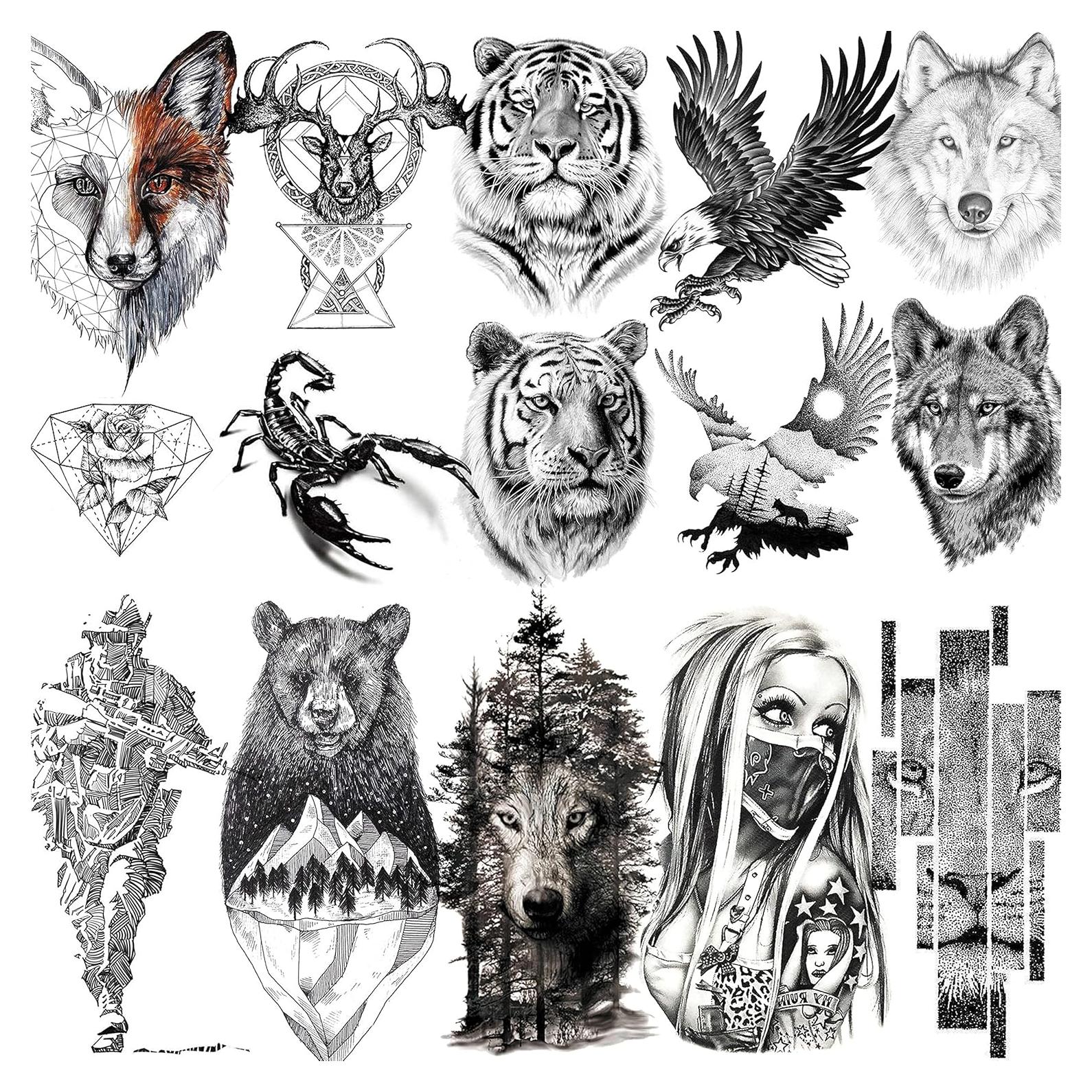 10 Sheets Realistic Tiger Temporary Tattoos Animals For Men Body Armband Soldier Fake Tatoo Stickers For Women Scorpion Wolf Deer Elk Eagle Bear Dot Adults Forearm Tattoos Girls Kids Teens.