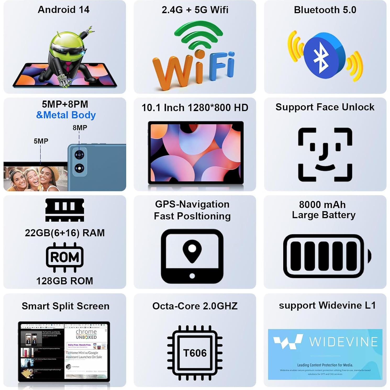 Tableta Fezawio F10 10.1" Android 14 22GB RAM 128GB ROM