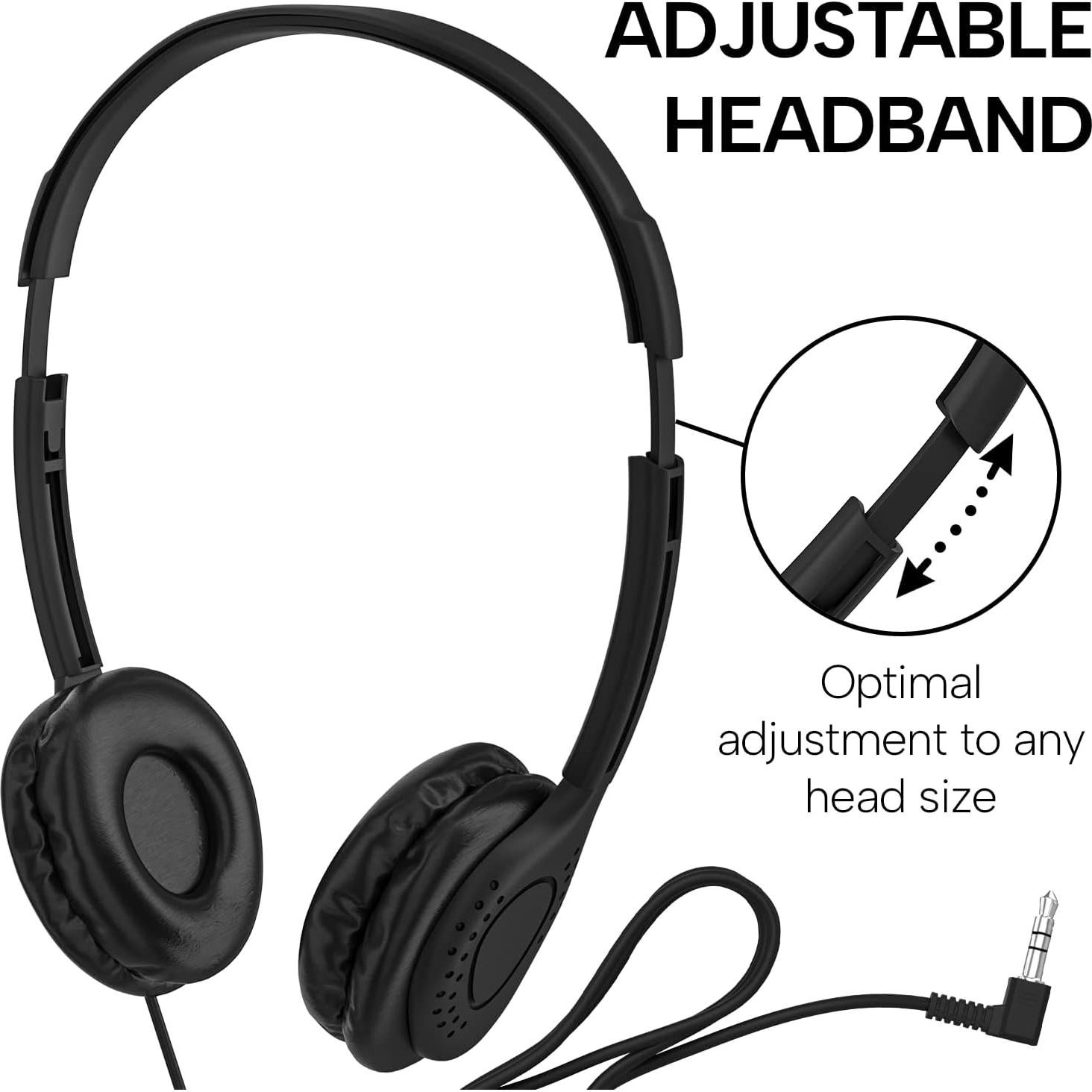 Maeline Bulk Classroom Student Headphones On Ear Stereo Headphones Adjustable Band & Faux Leather Cushions for Kids Online Learning, Library, School, Travel - 3.5mm Plug - 10 Pack - Black