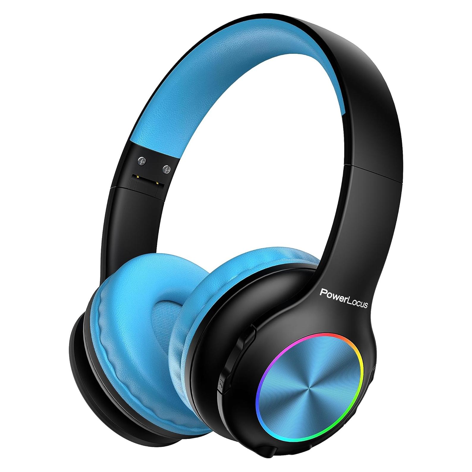 PowerLocus PLED Kids Bluetooth Headphones, Kids Wireless Headphones with LED Lights, 74/85/94dB Safe Volume, Micro SD, AUX Cable, Hi-Fi Stereo, Built-in Mic Over Ear Kid Headphone for Travel/Tablet/PC