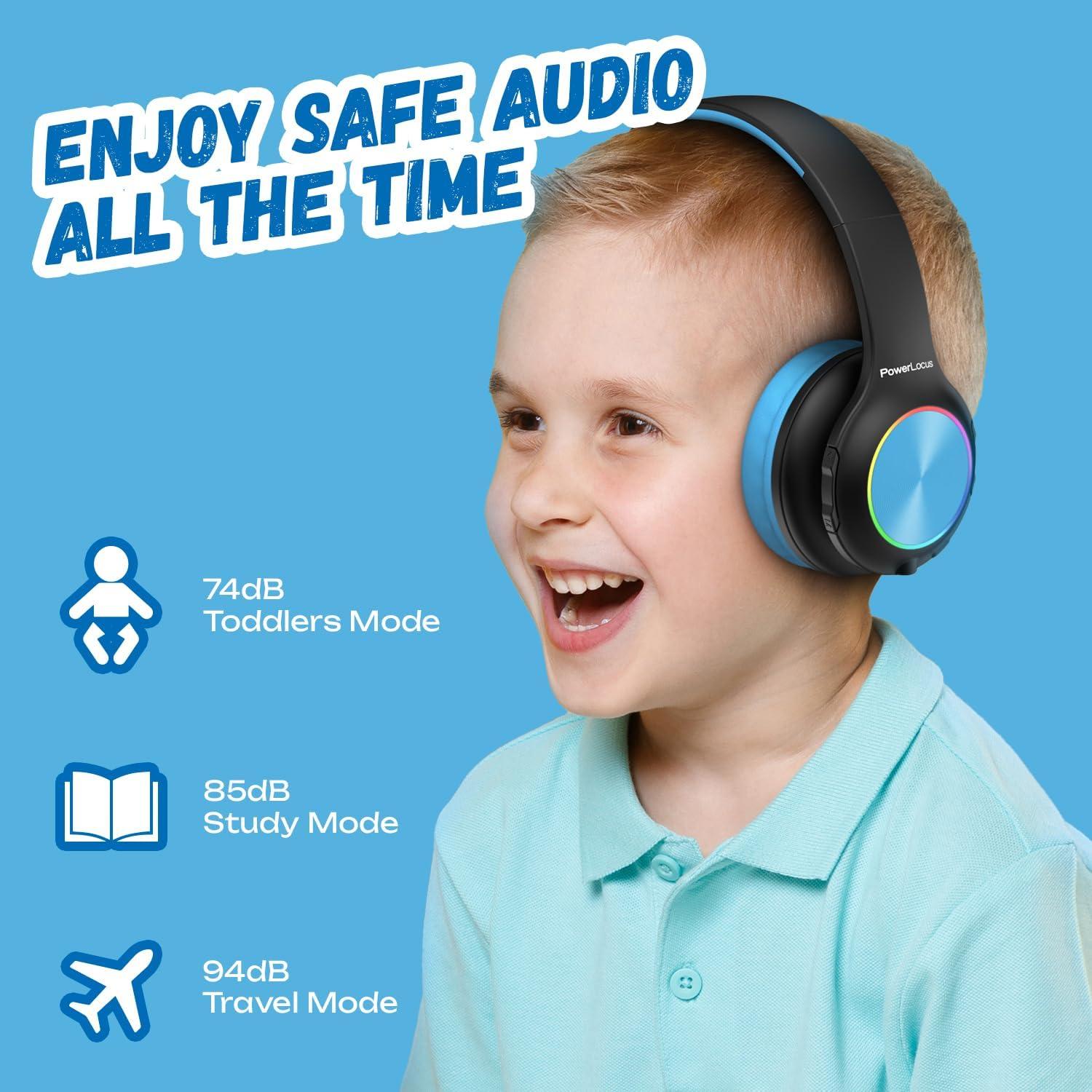 PowerLocus PLED Kids Bluetooth Headphones, Kids Wireless Headphones with LED Lights, 74/85/94dB Safe Volume, Micro SD, AUX Cable, Hi-Fi Stereo, Built-in Mic Over Ear Kid Headphone for Travel/Tablet/PC