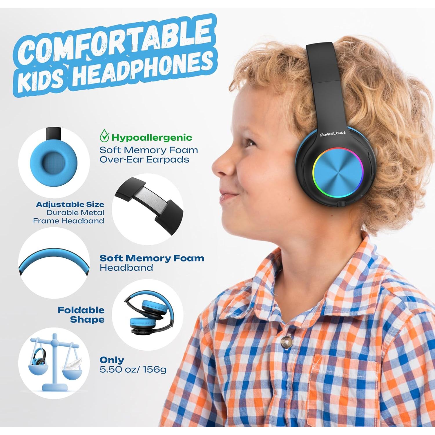 PowerLocus PLED Kids Bluetooth Headphones, Kids Wireless Headphones with LED Lights, 74/85/94dB Safe Volume, Micro SD, AUX Cable, Hi-Fi Stereo, Built-in Mic Over Ear Kid Headphone for Travel/Tablet/PC