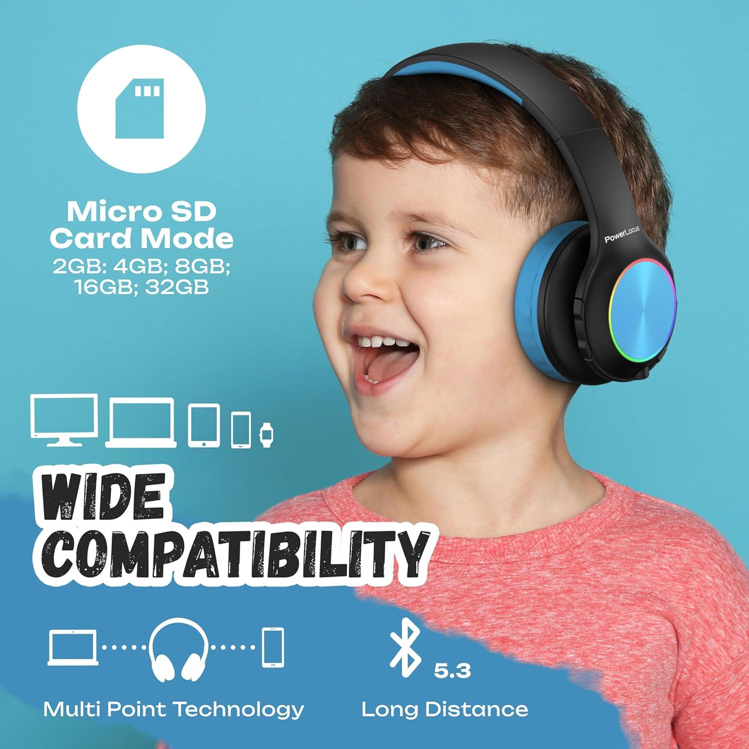 PowerLocus PLED Kids Bluetooth Headphones, Kids Wireless Headphones with LED Lights, 74/85/94dB Safe Volume, Micro SD, AUX Cable, Hi-Fi Stereo, Built-in Mic Over Ear Kid Headphone for Travel/Tablet/PC