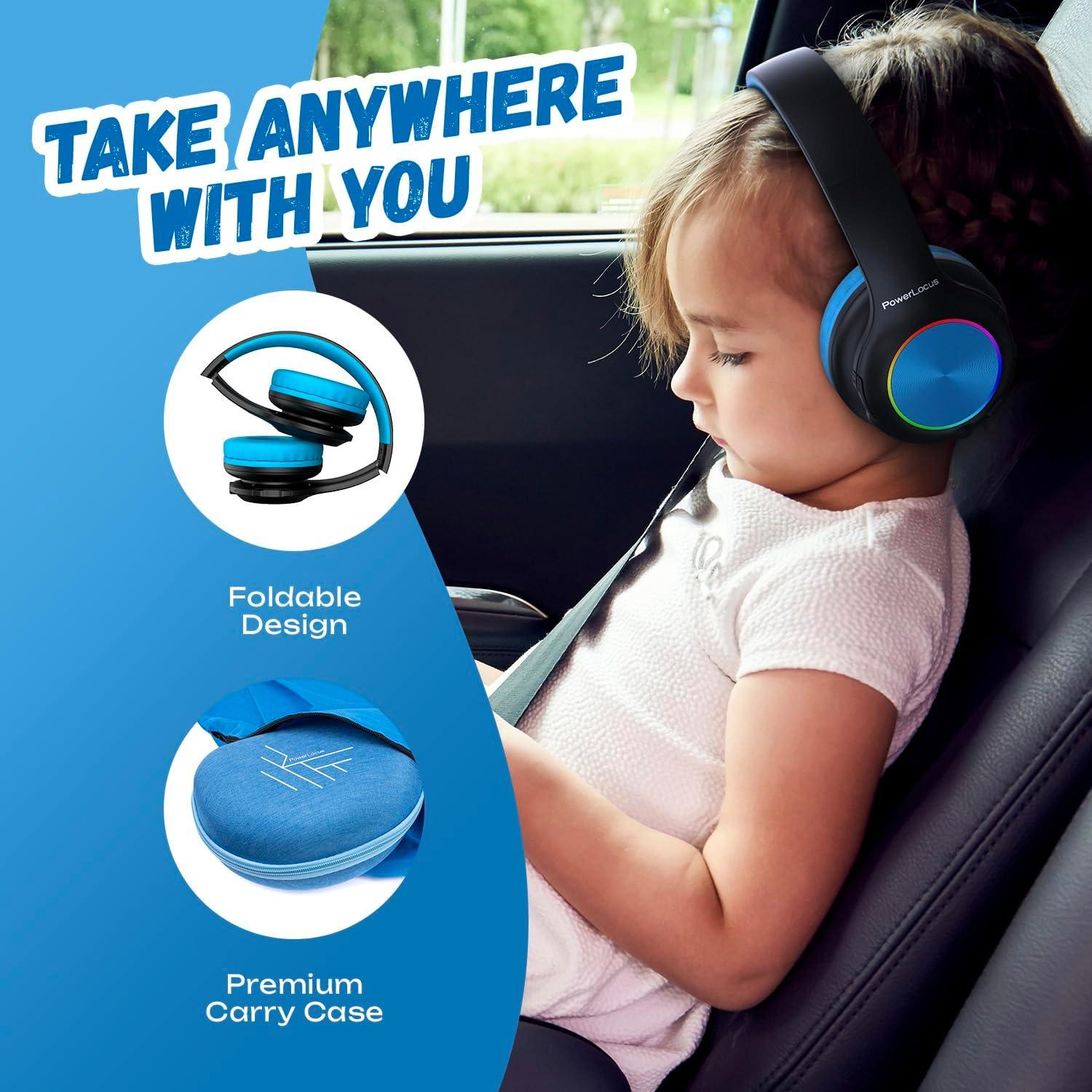 PowerLocus PLED Kids Bluetooth Headphones, Kids Wireless Headphones with LED Lights, 74/85/94dB Safe Volume, Micro SD, AUX Cable, Hi-Fi Stereo, Built-in Mic Over Ear Kid Headphone for Travel/Tablet/PC