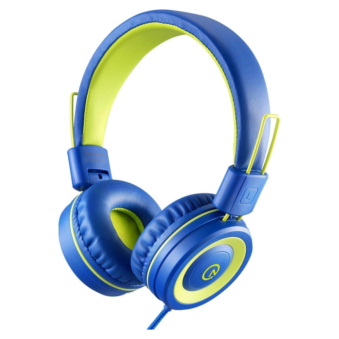 noot products Kids Headphones with Microphone K12 Stereo 5ft Long Cord with 85dB/94dB Volume Limit Wired On-Ear Headset for iPad/Amazon Kindle,Fire/Toddler/Boys/Girls/School(Blue/Lime)