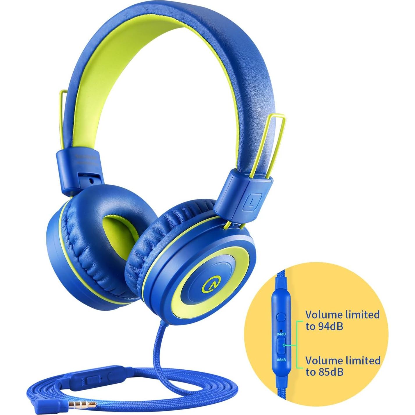 noot products Kids Headphones with Microphone K12 Stereo 5ft Long Cord with 85dB/94dB Volume Limit Wired On-Ear Headset for iPad/Amazon Kindle,Fire/Toddler/Boys/Girls/School(Blue/Lime)