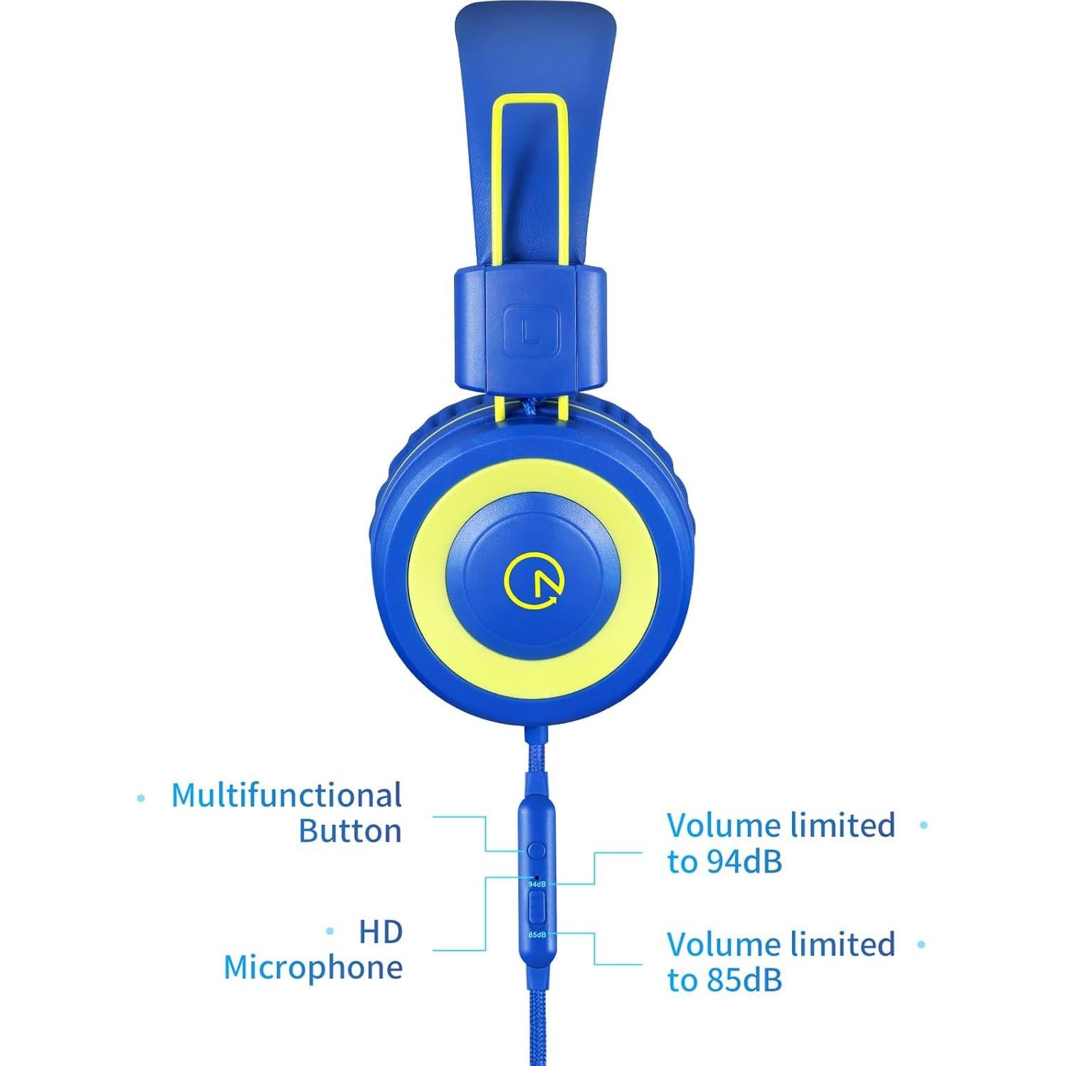 noot products Kids Headphones with Microphone K12 Stereo 5ft Long Cord with 85dB/94dB Volume Limit Wired On-Ear Headset for iPad/Amazon Kindle,Fire/Toddler/Boys/Girls/School(Blue/Lime)