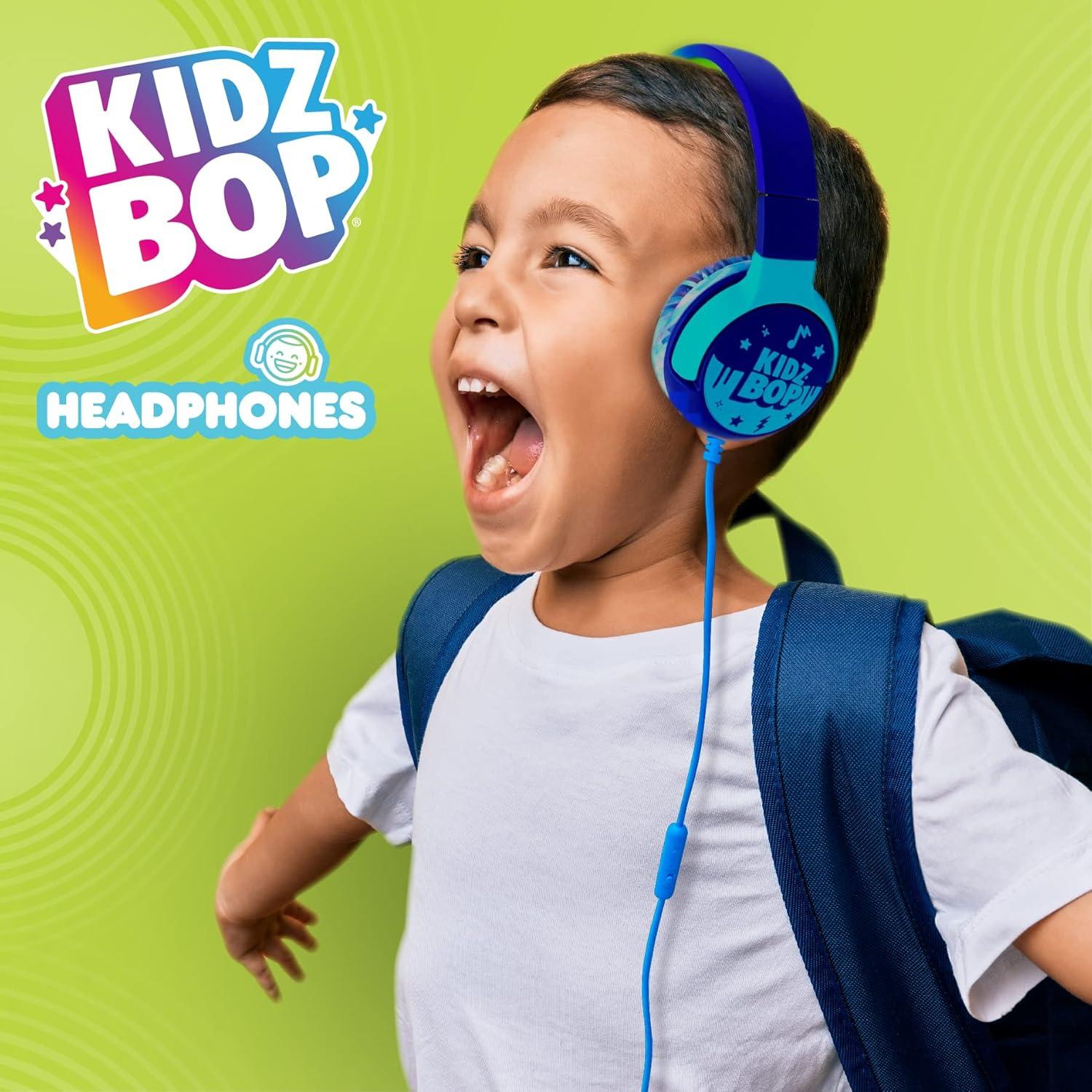 Move2Play, Kidz Bop, Wired Headphones for Kids | Microphone | 3.5mm Plug | Volume Limiting 85dB/94dB | Soft Pads | Adjustable | School Use | Gift 3 4 5 6 7 8+ Year Old Girls Boys Toddlers