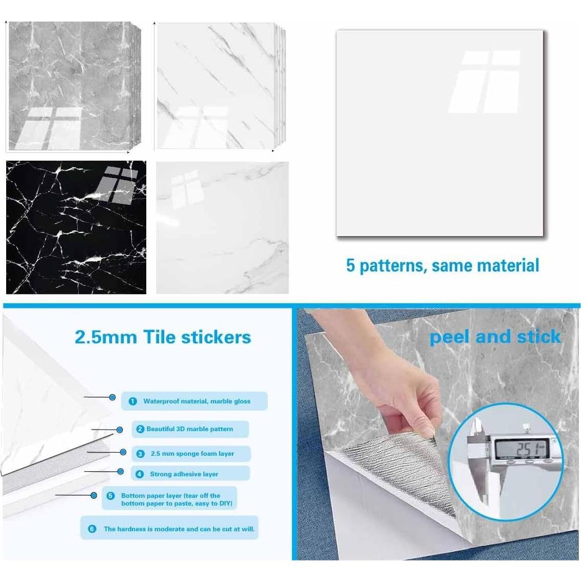 10 Hojas Azulejo Autoadhesivo PVC Mármol Gris 30.48x30.48cm