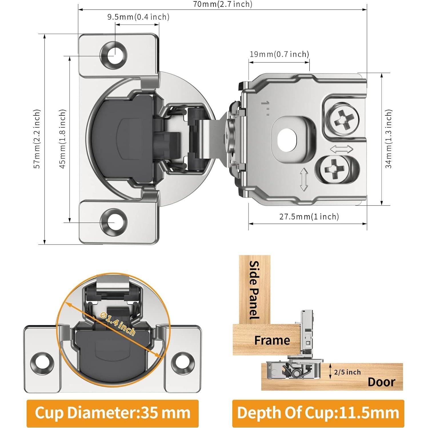 Paquete de 10 bisagras ocultas Chibery 1" cierre suave níquel